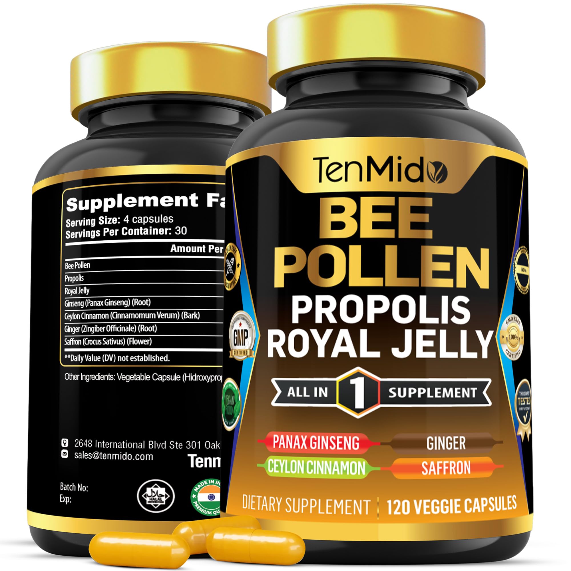 Tenmido Royal Jelly Supplement 120 Veggie Capsules front view