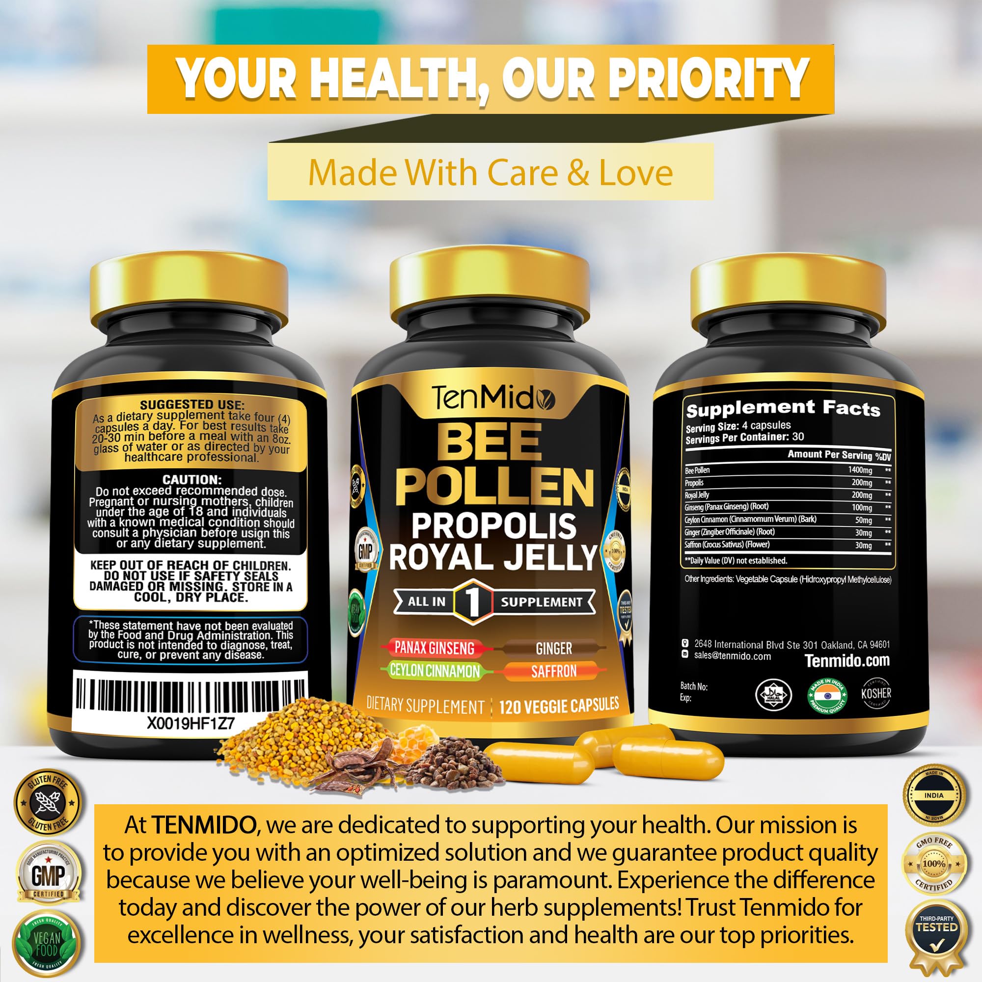 Tenmido Royal Jelly Supplement capsules on a wooden table