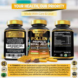 Tenmido Royal Jelly Supplement capsules on a wooden table