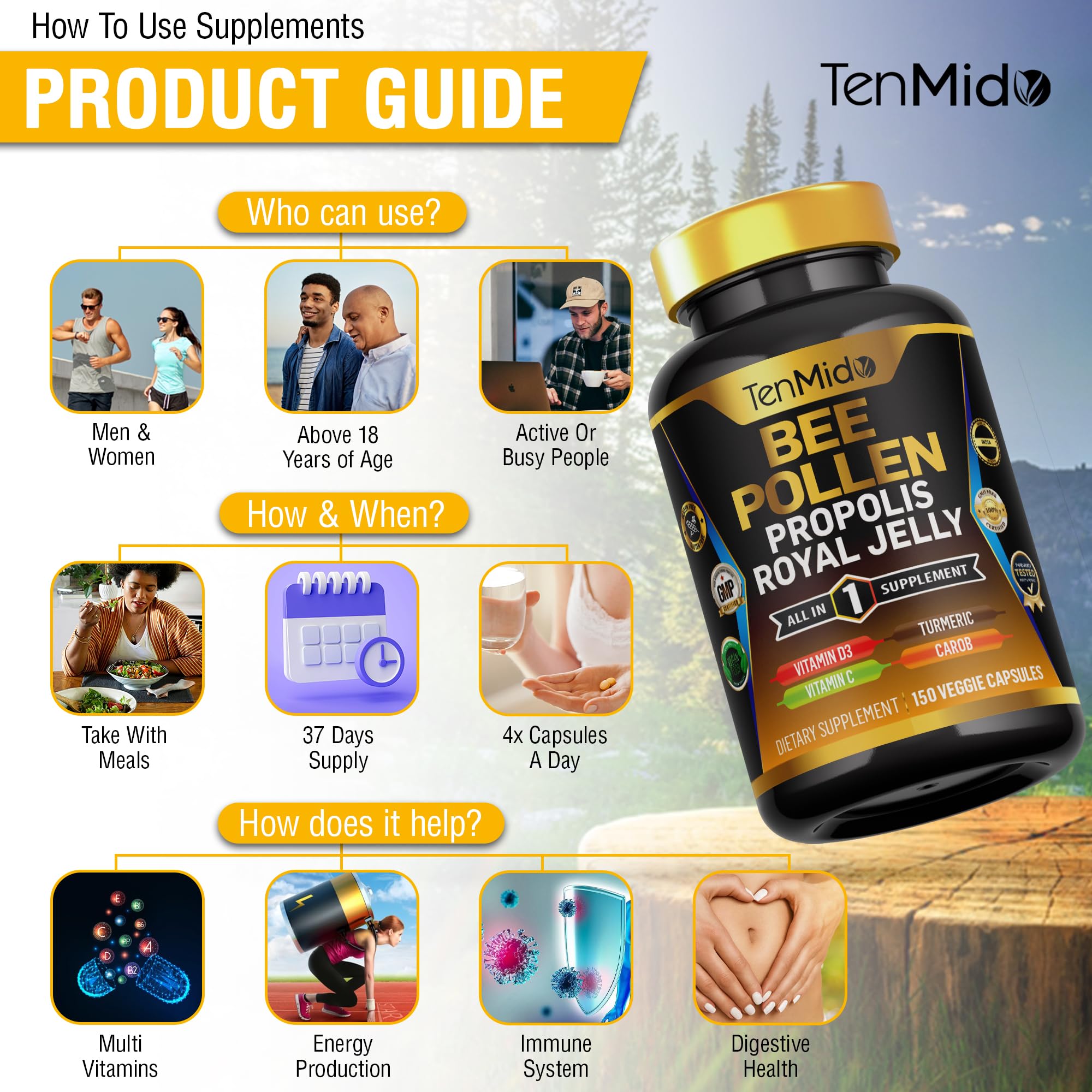 Tenmido Royal Jelly Supplement on a wooden table