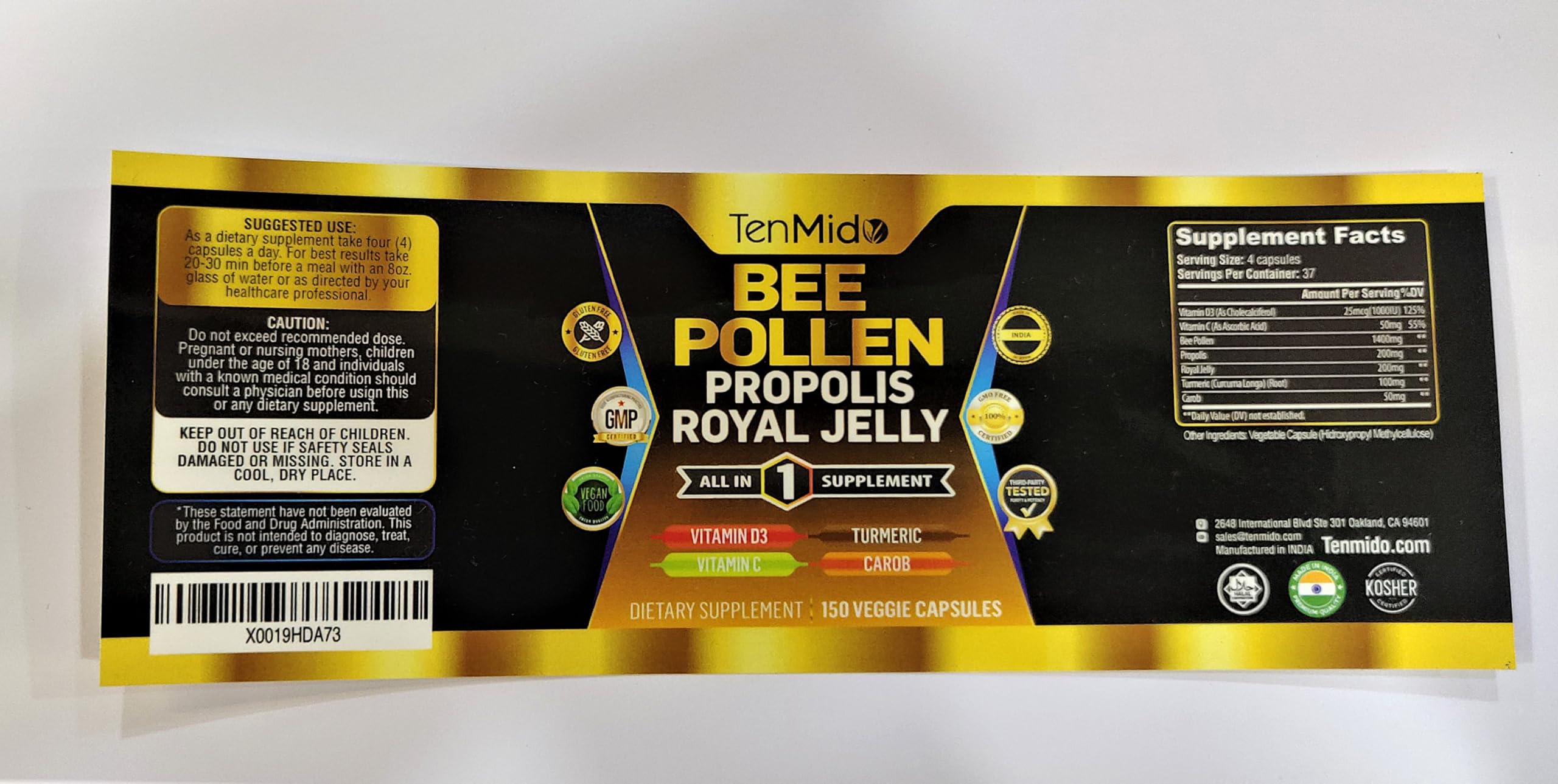 Tenmido Royal Jelly Supplement with ingredients list
