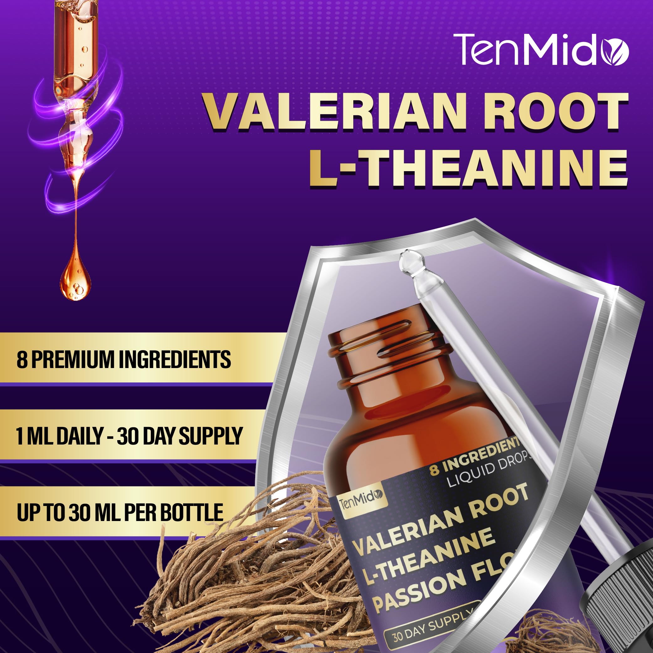 Tenmido Valerian Root Extract Liquid Drops 30ml bottle with ingredients