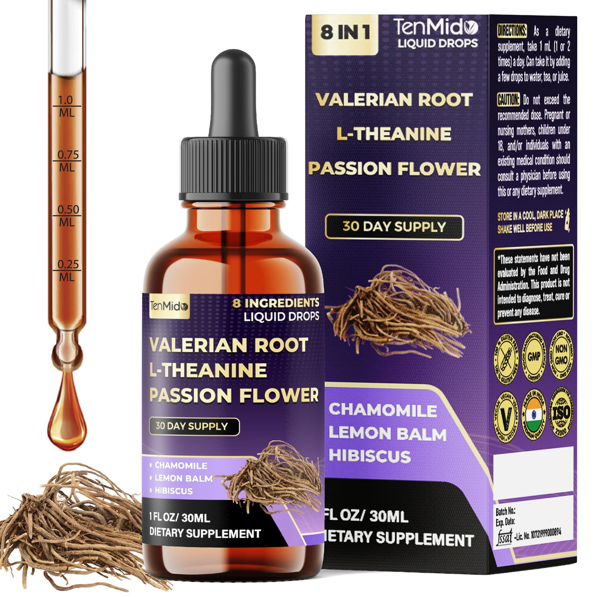 Tenmido Valerian Root Extract Liquid Drops 30ml front view