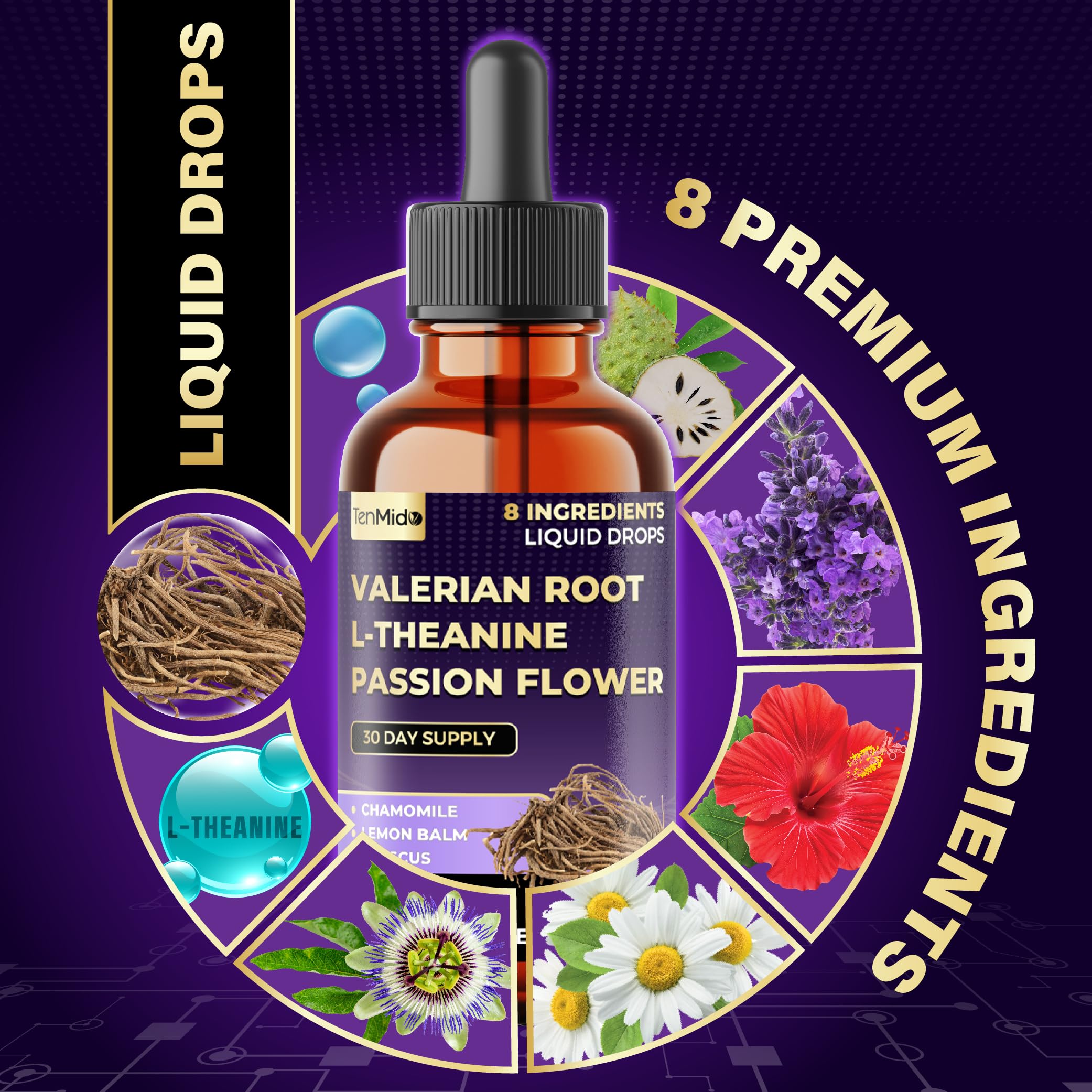 Tenmido Valerian Root Extract Liquid Drops displayed with natural herbs