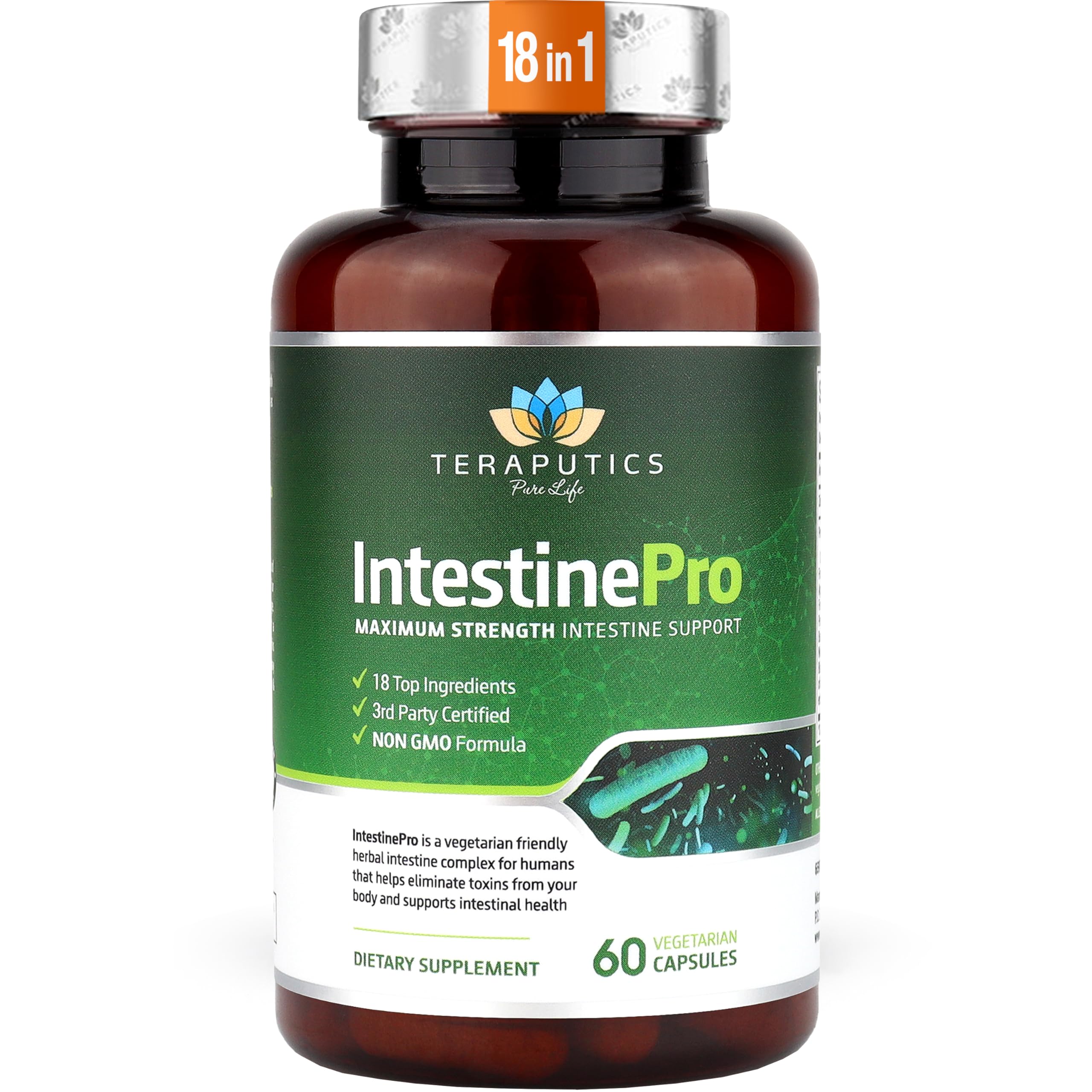 Teraputics IntestinePro herbal supplement front view with capsule bottle