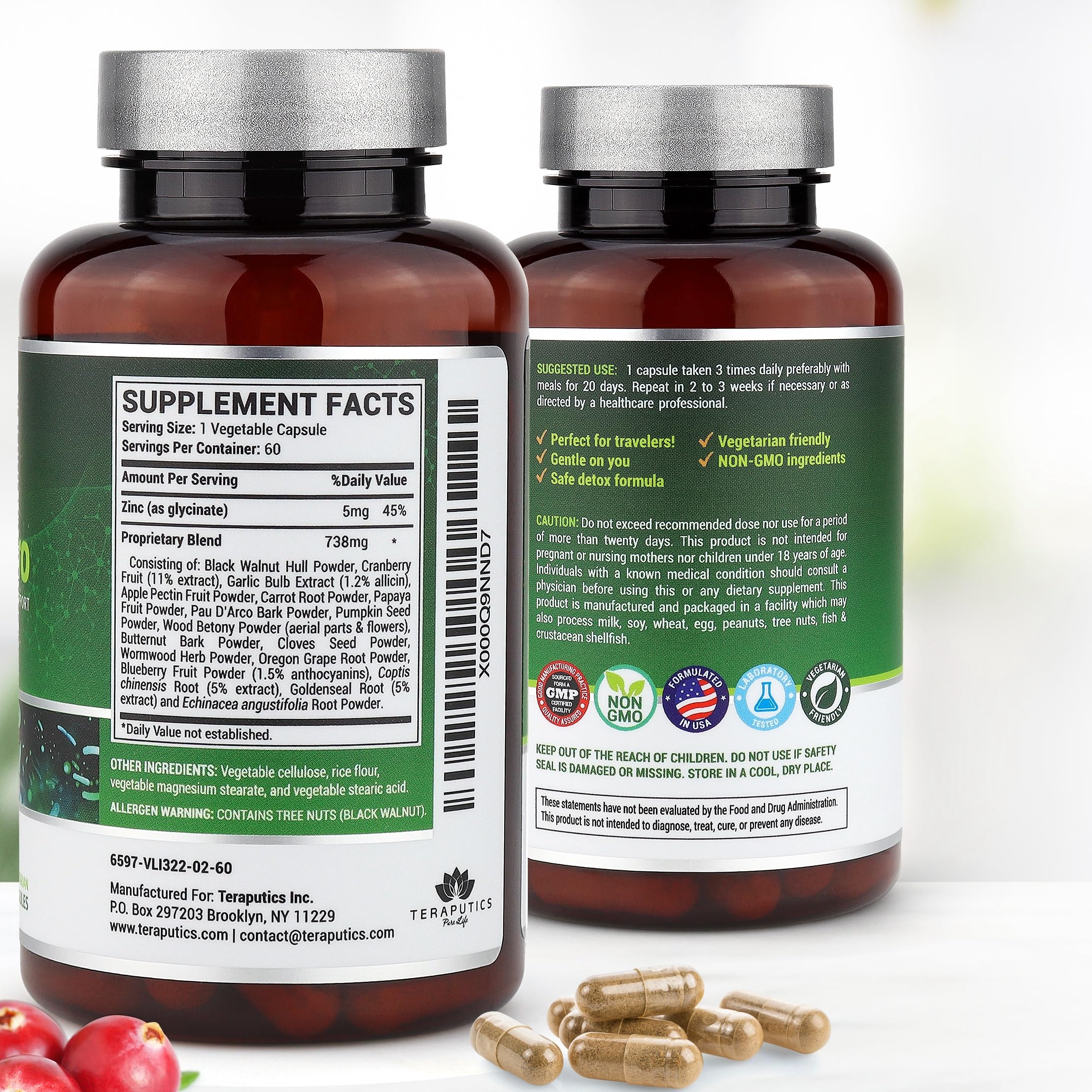 Teraputics IntestinePro herbal supplement ingredients list on packaging