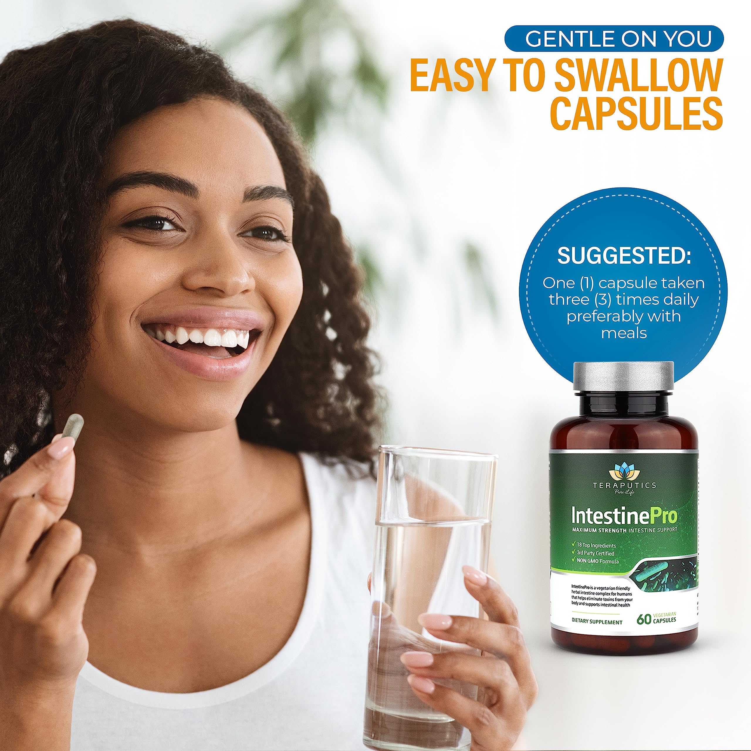 Teraputics IntestinePro herbal supplement lifestyle scene with fresh herbs