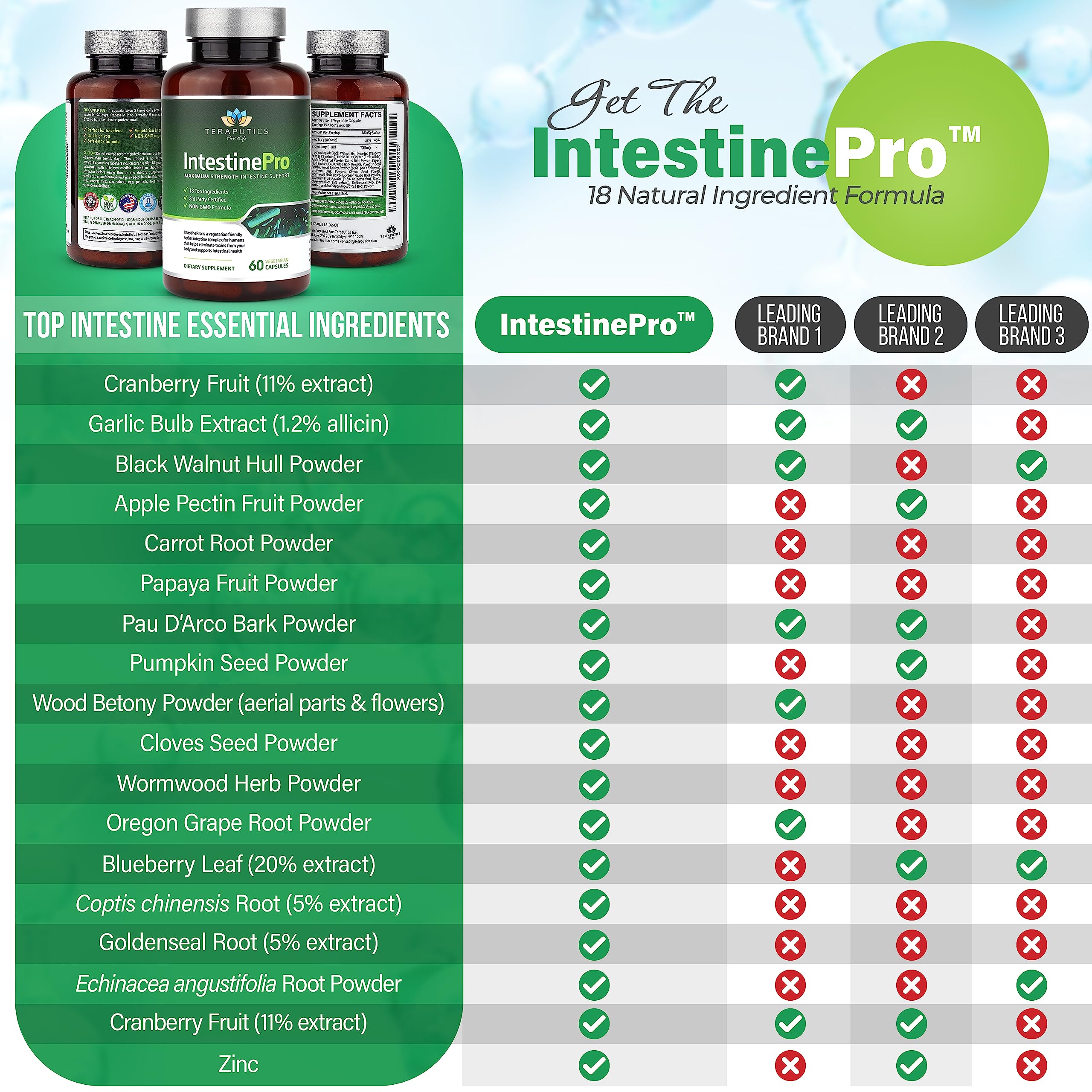 Teraputics IntestinePro herbal supplement side view showing capsule details