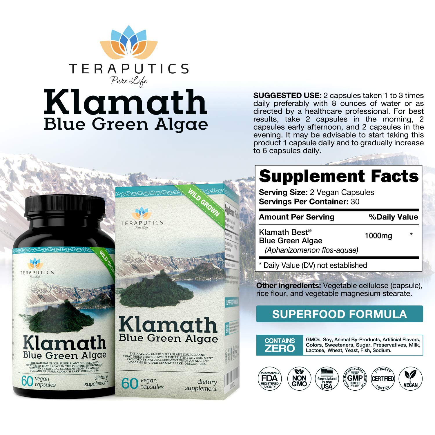 Teraputics Klamath Blue Green Algae 500mg bottle with 60 capsules