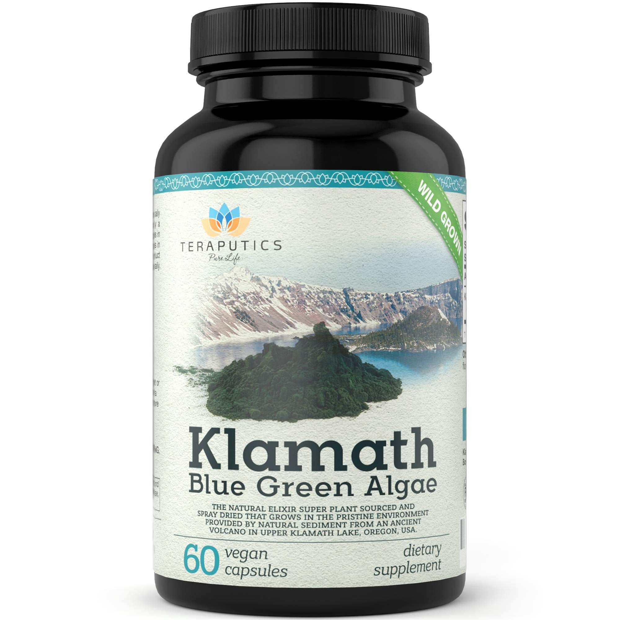Teraputics Klamath Blue Green Algae 500mg vegan capsules front view
