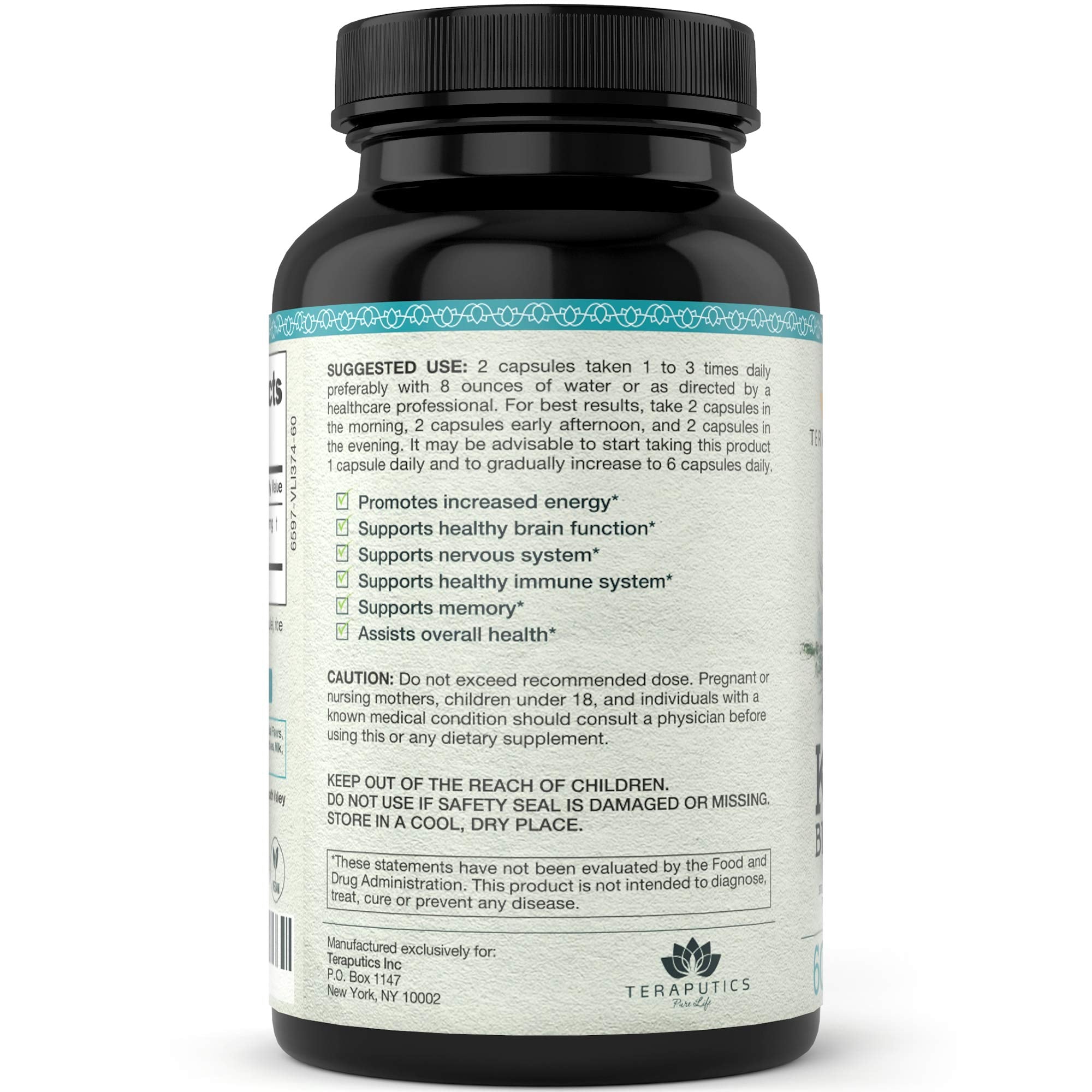 Teraputics Klamath Blue Green Algae capsules with a measuring spoon