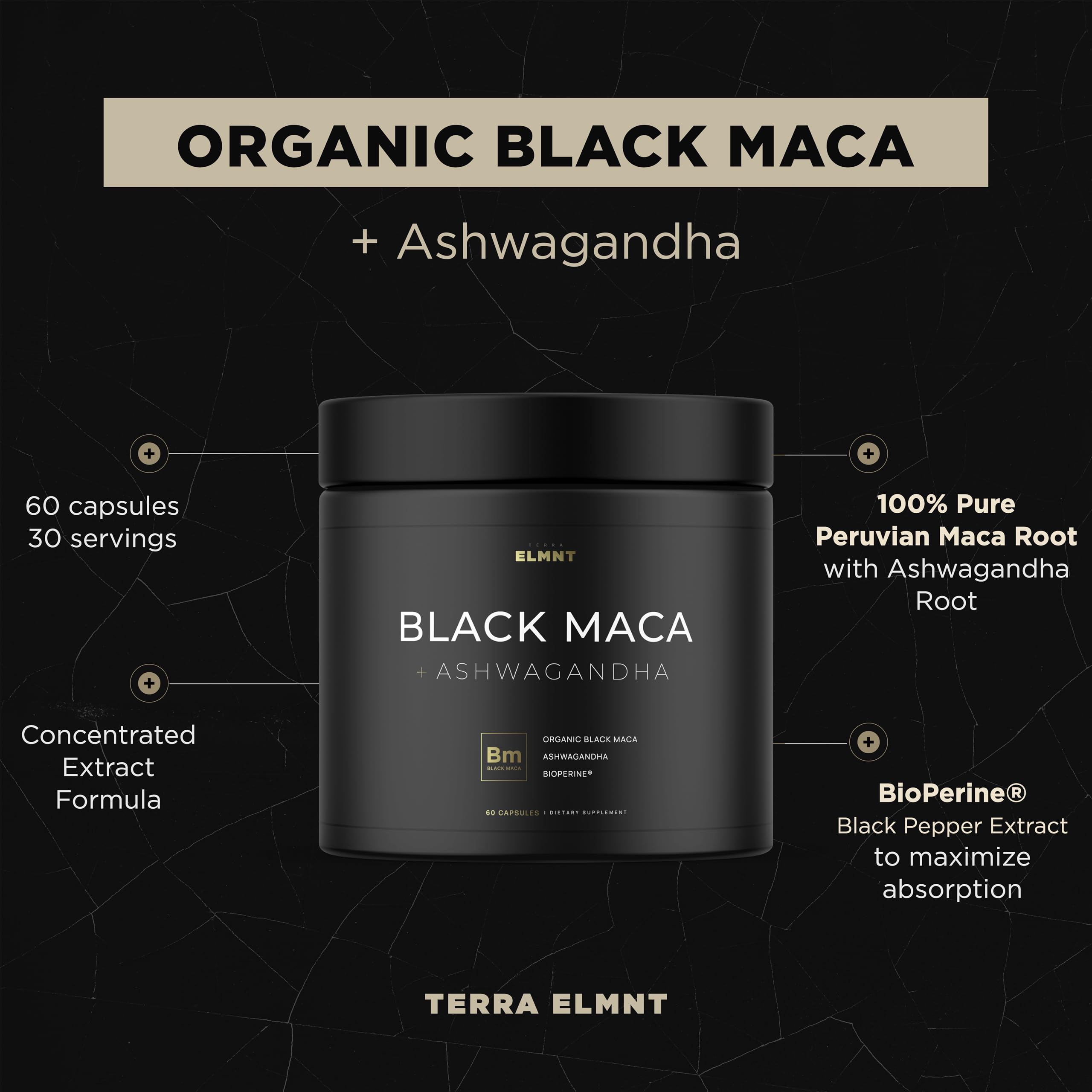 TERRA ELMNT Black Maca & Ashwagandha Supplement on a wooden table