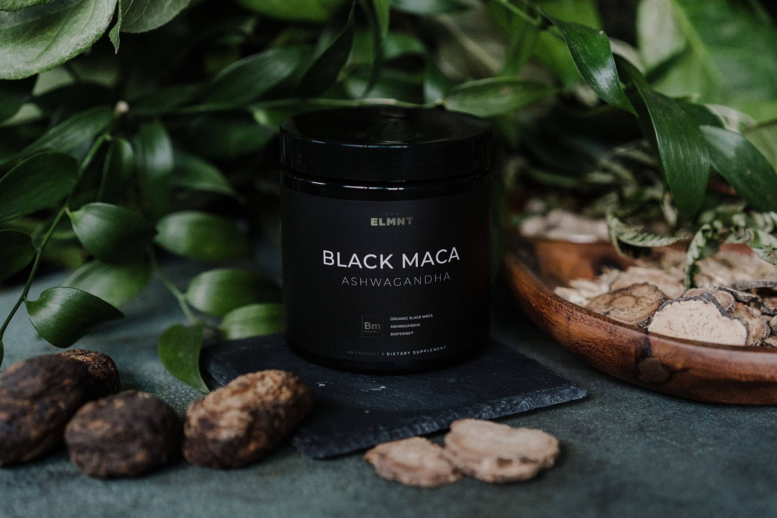 TERRA ELMNT Black Maca & Ashwagandha Supplement with a measuring spoon