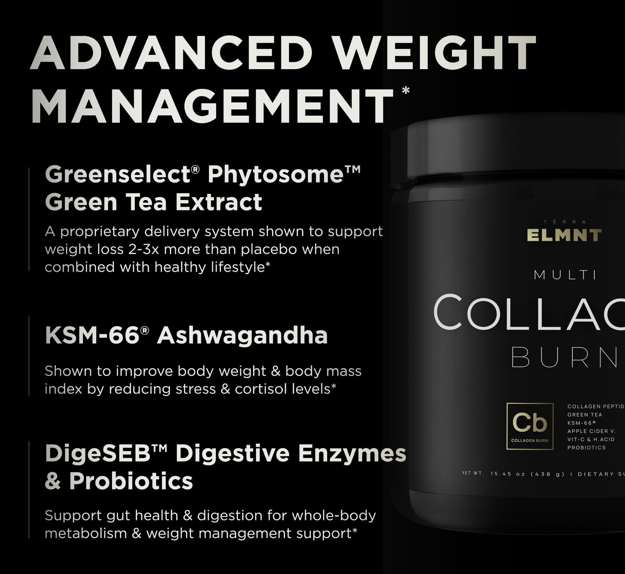TERRA ELMNT Chocolate Collagen Burn Powder in a glass