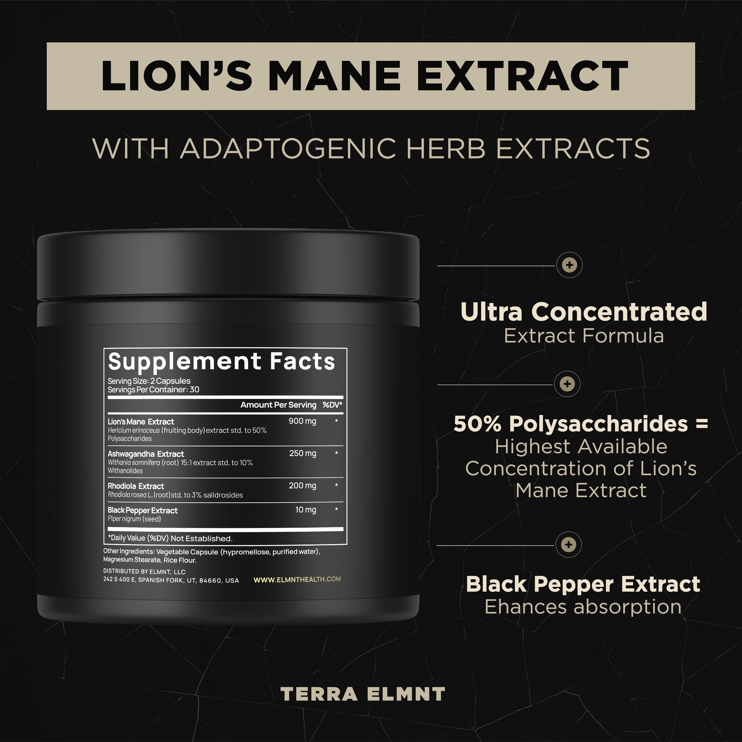 TERRA ELMNT Lion's Mane Mushroom Supplement 900mg label close-up