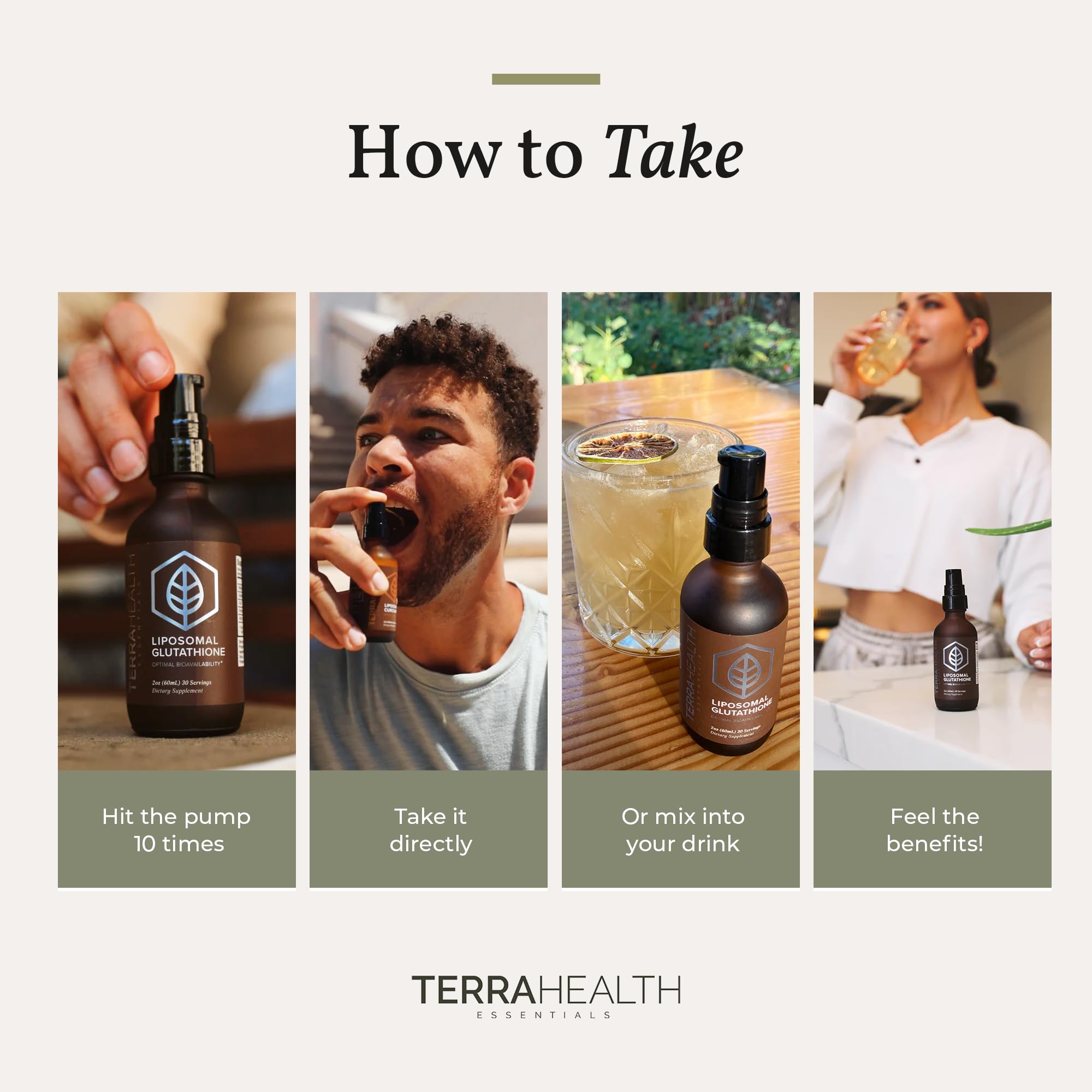 Terra Health Essentials Liposomal Glutathione 132g liquid supplement lifestyle scene
