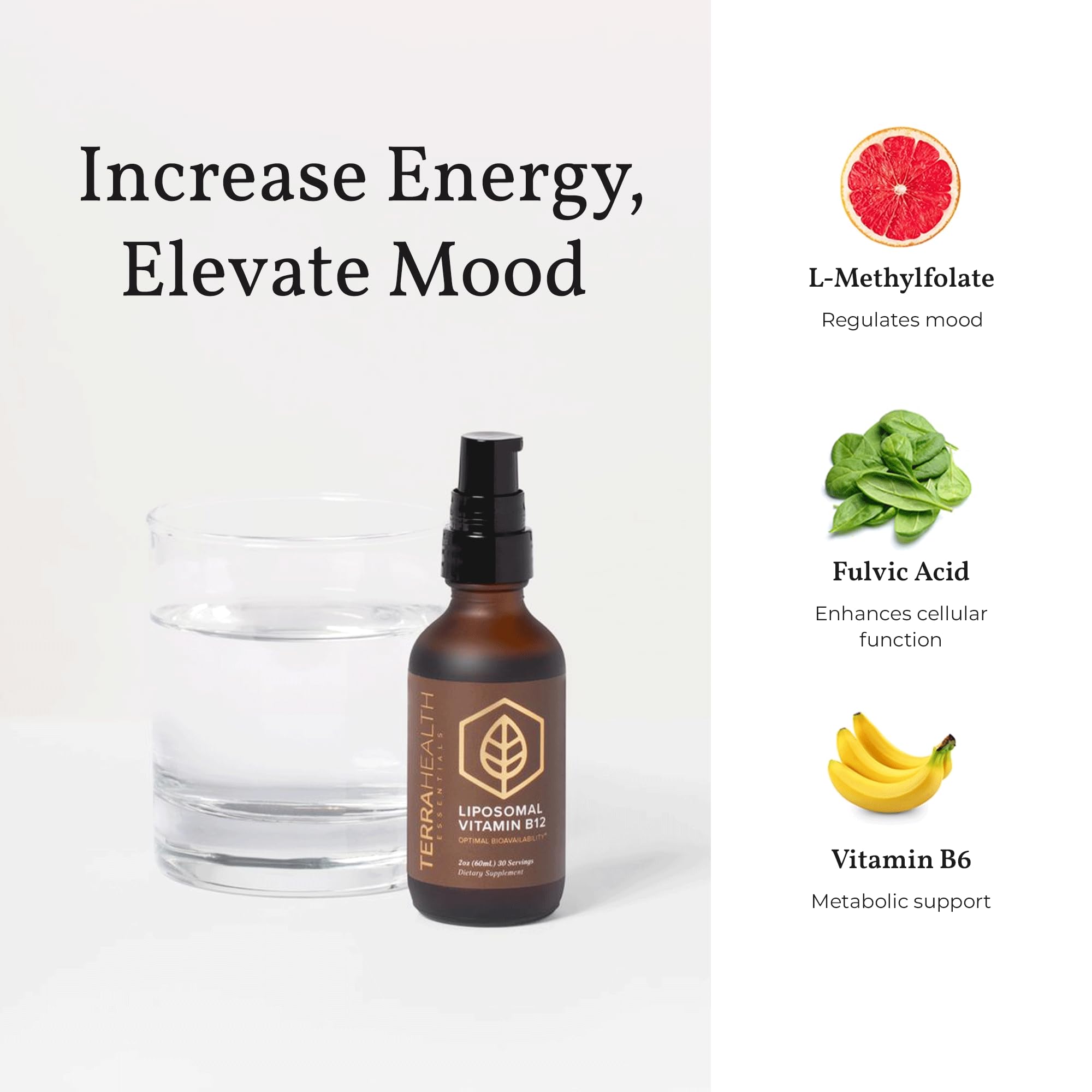 Terra Health Essentials Liposomal Vitamin B12 on a wooden table