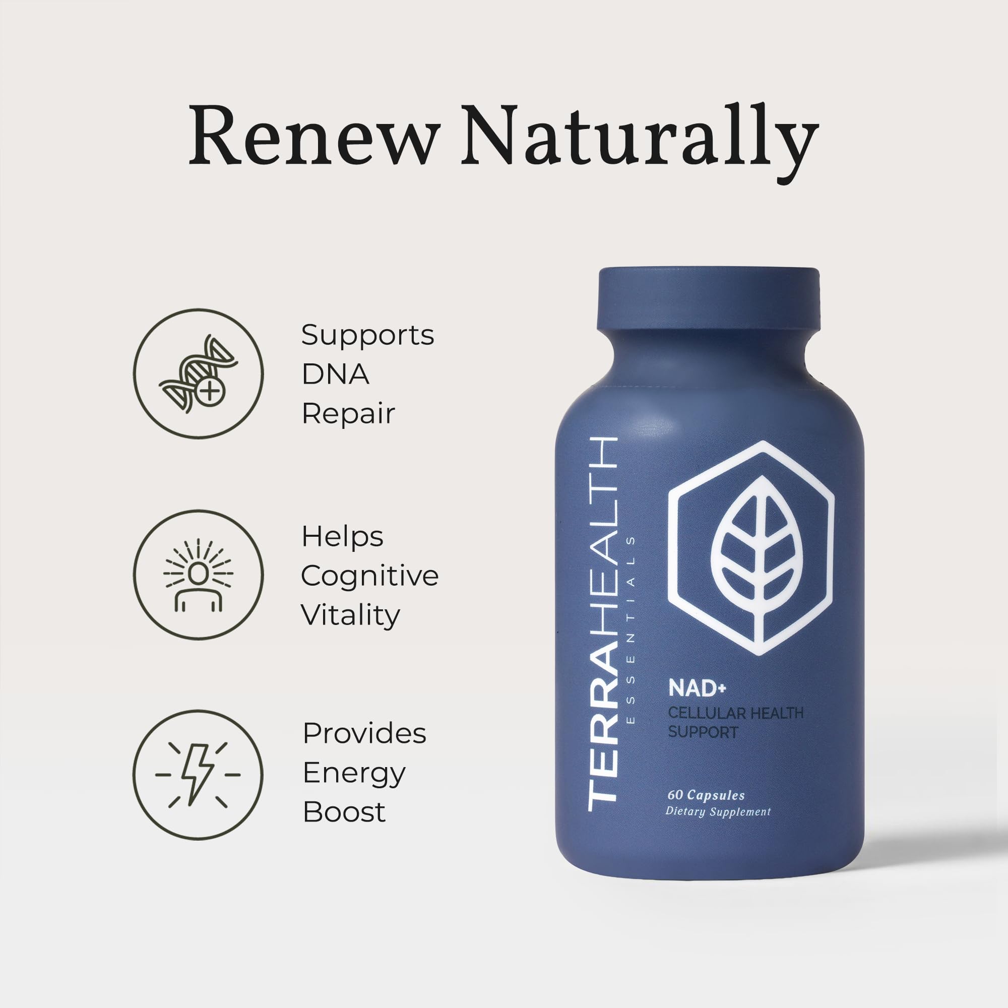 Terra Health Essentials NAD+ Coenzyme Supplement capsules on a table