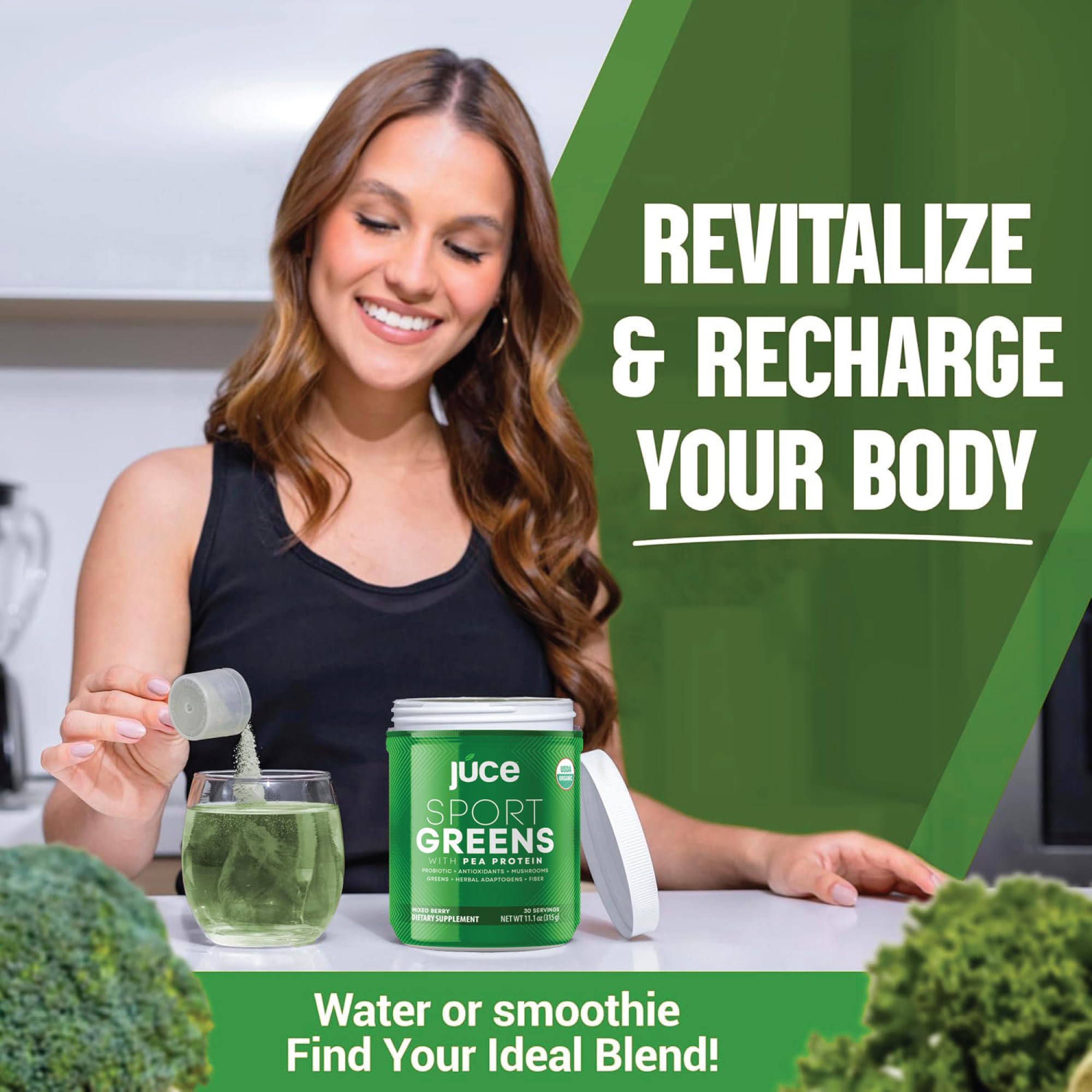 Terra Kai Organics Organic Greens Powder mixed in a glass