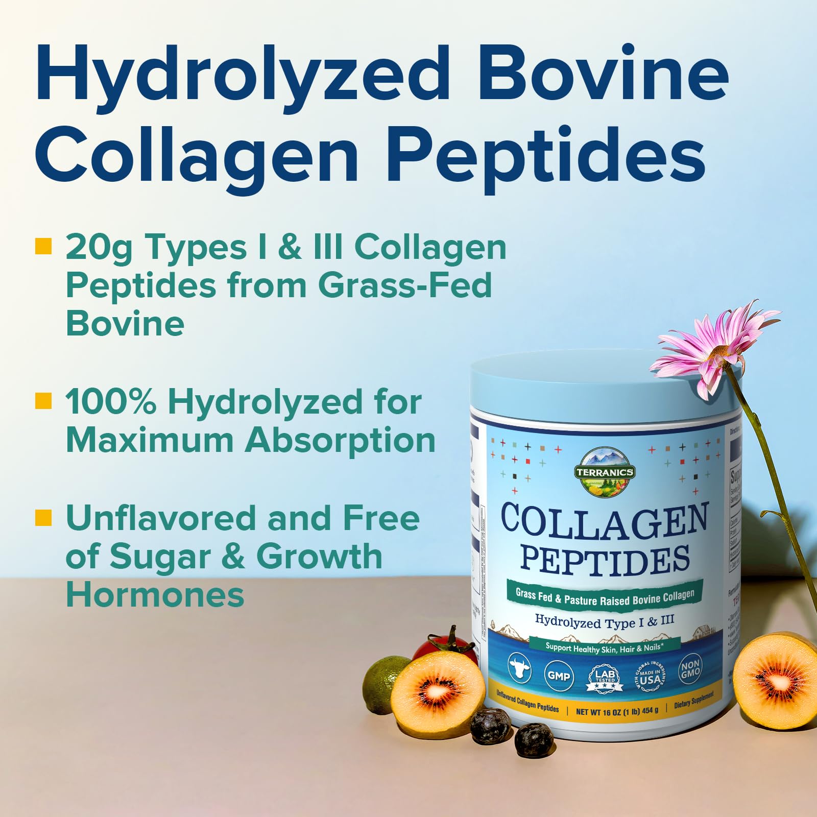 Terranics Bovine Collagen Powder scoop with powder