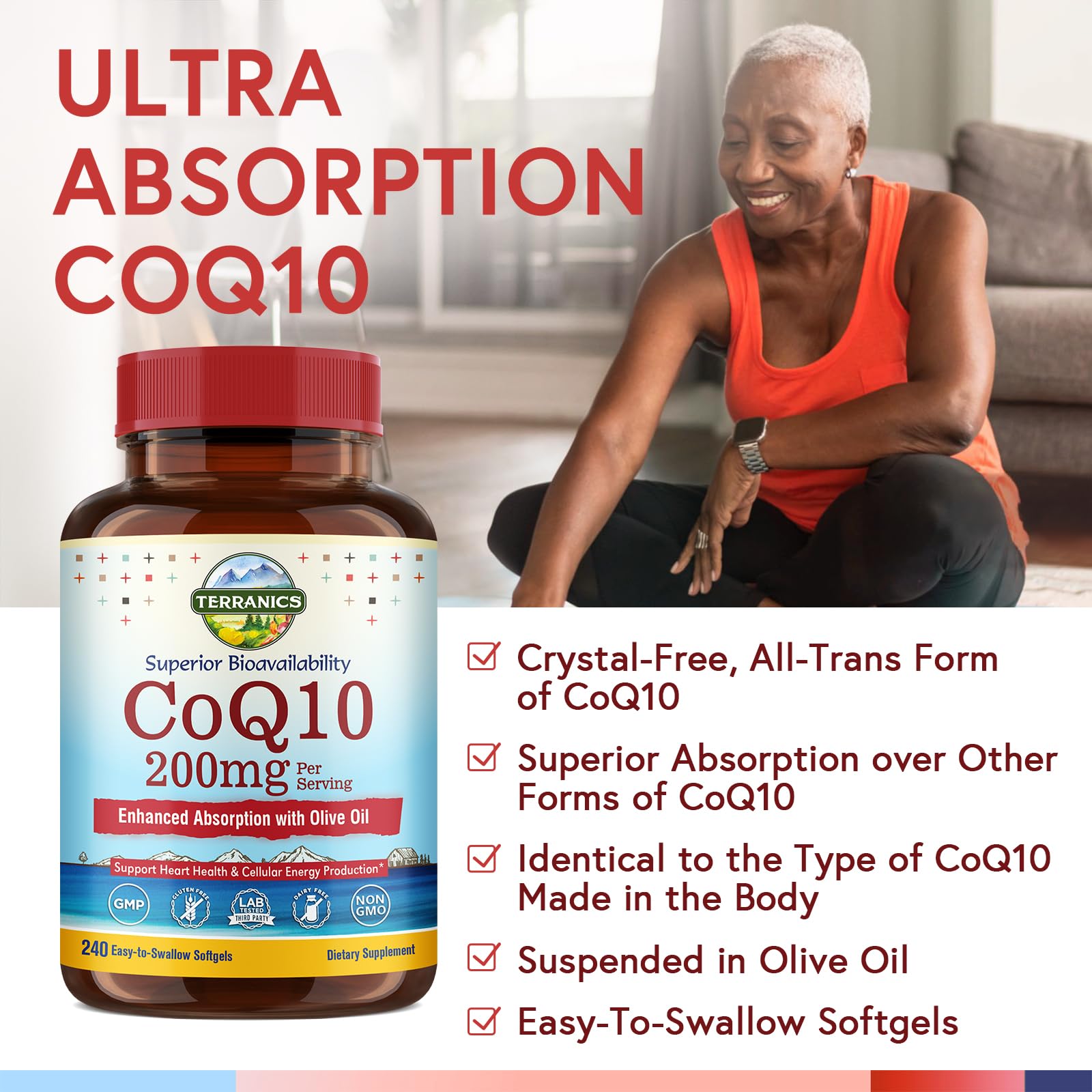 Terranics CoQ10 200mg Softgels bottle showing label