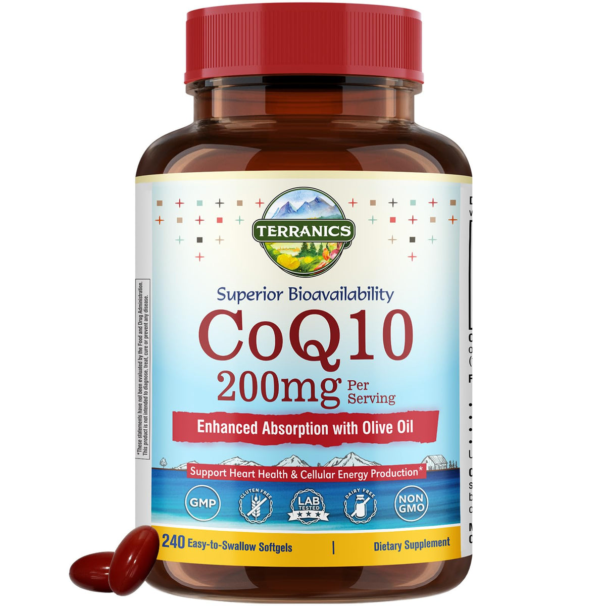 Terranics CoQ10 200mg Softgels front view with packaging