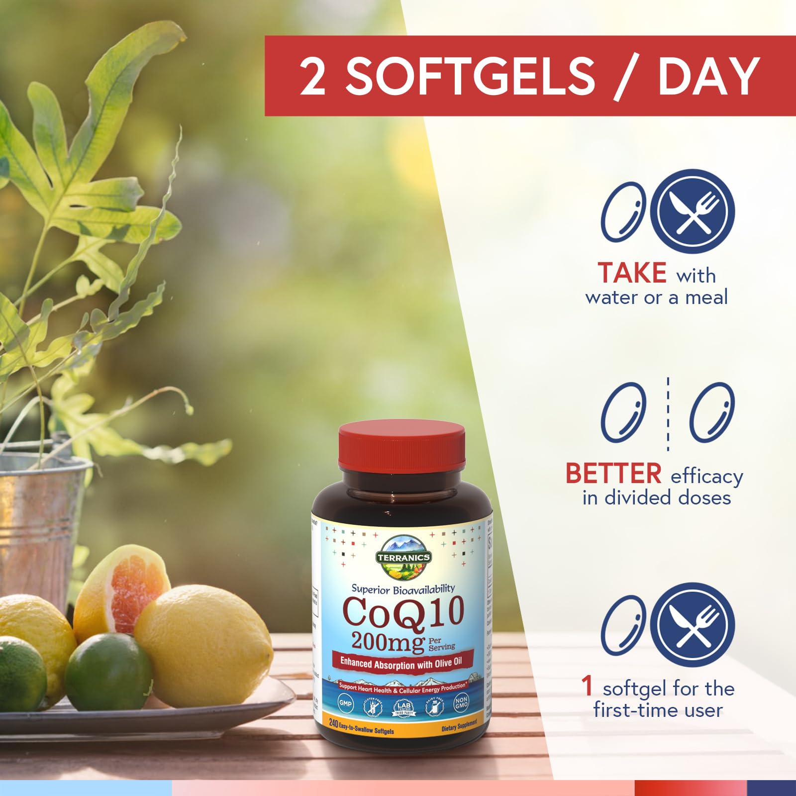 Terranics CoQ10 200mg Softgels lifestyle scene on kitchen counter