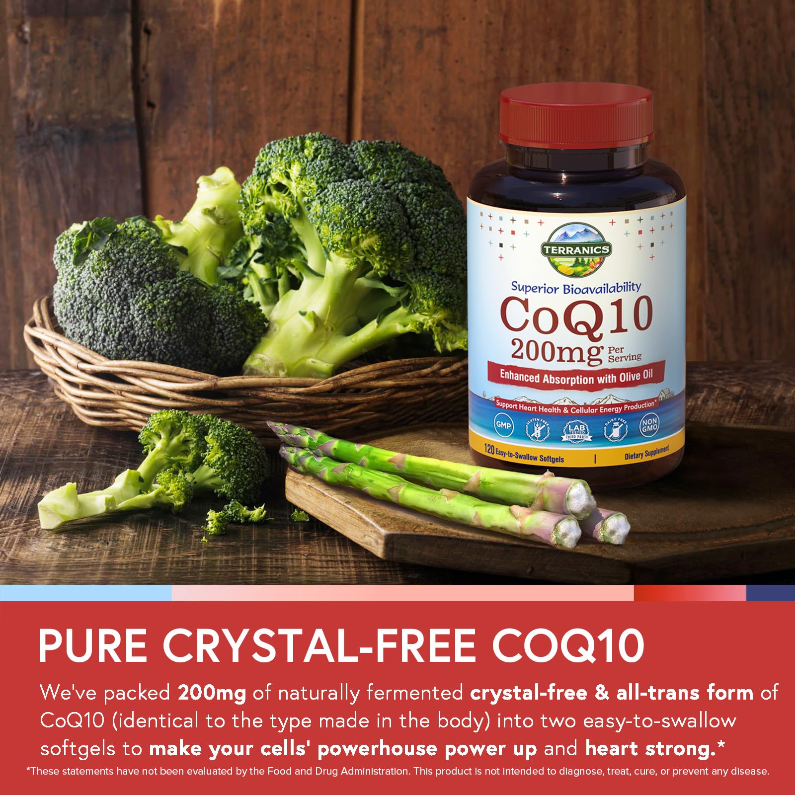 Terranics CoQ10 200mg Softgels with olive oil close-up