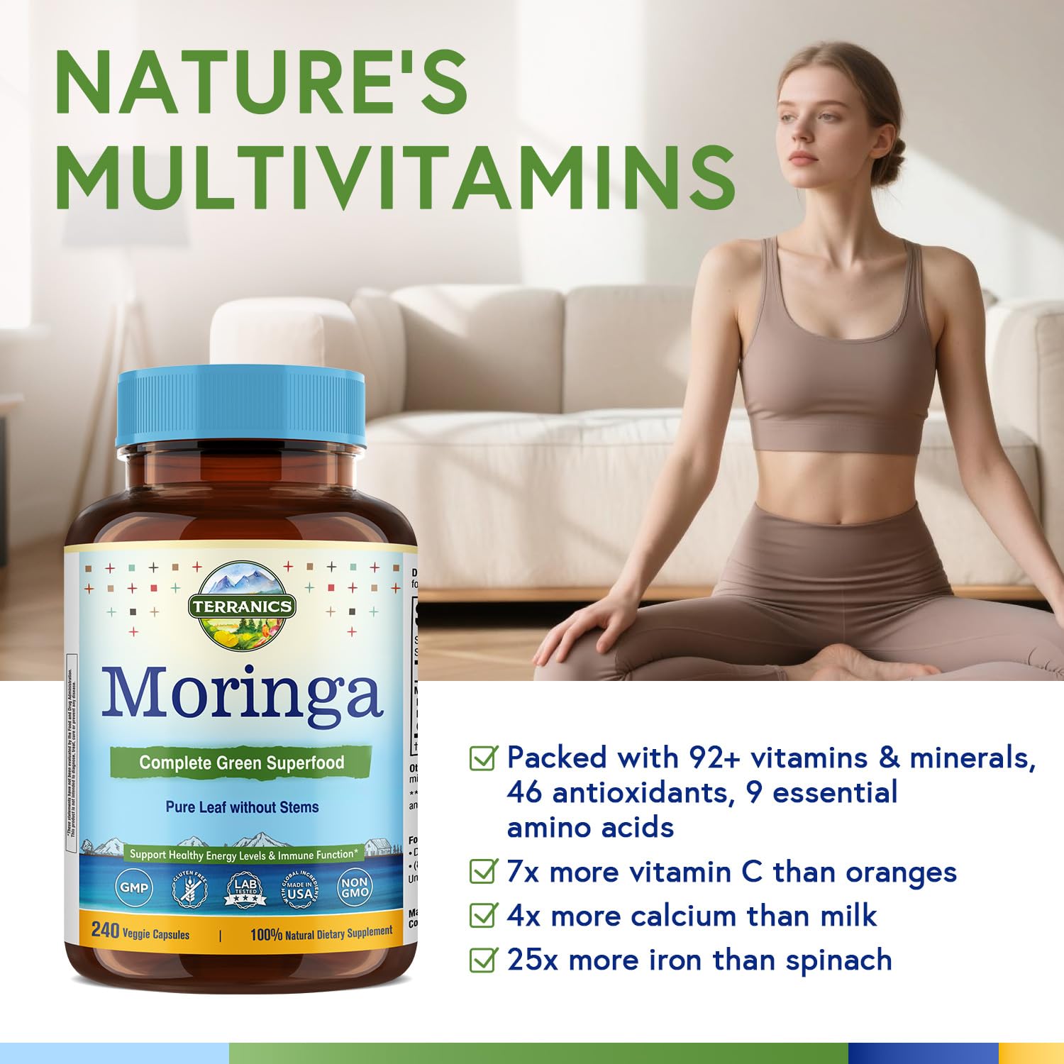 Terranics Moringa Supplement back view with nutritional information