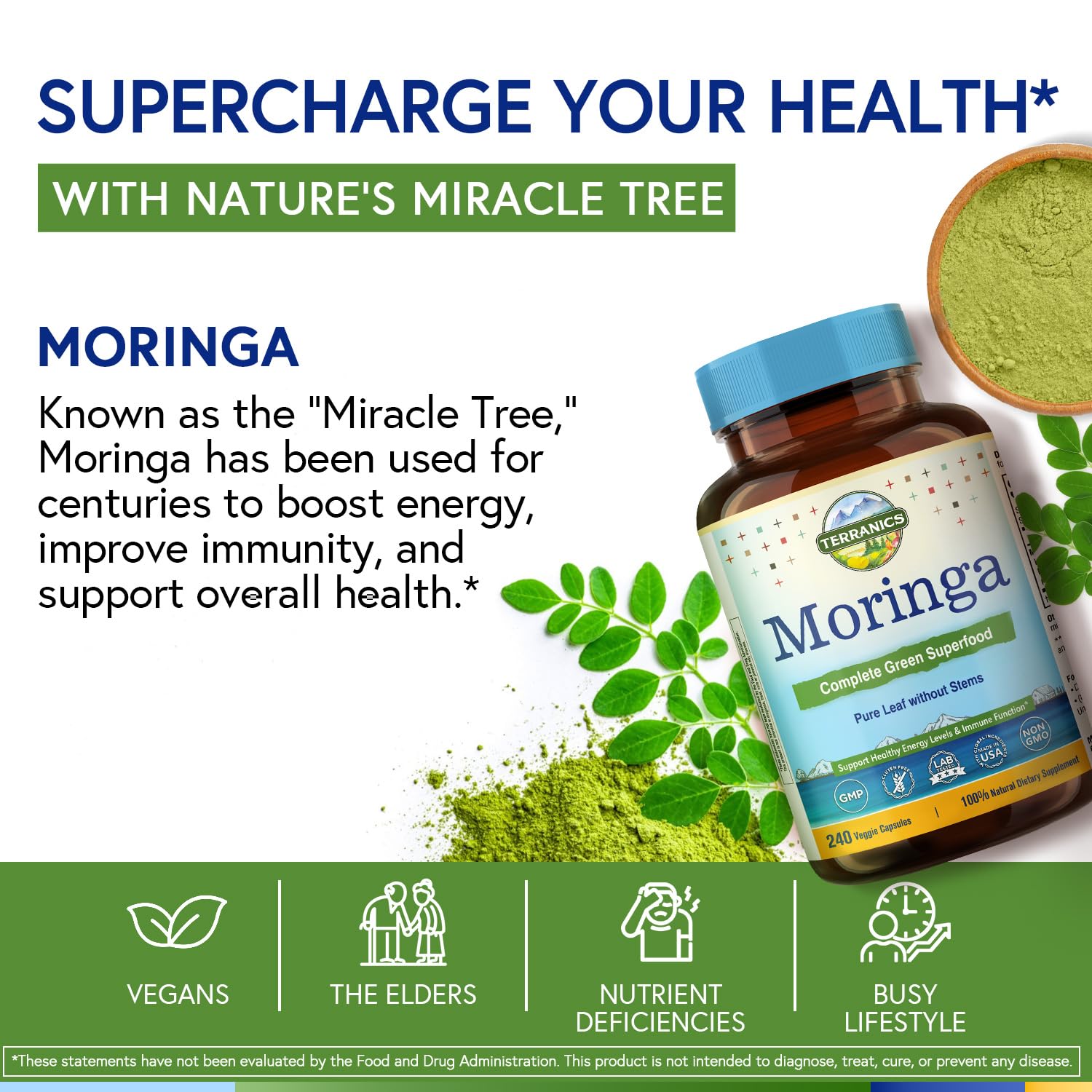 Terranics Moringa Supplement on a wooden table with green leaves