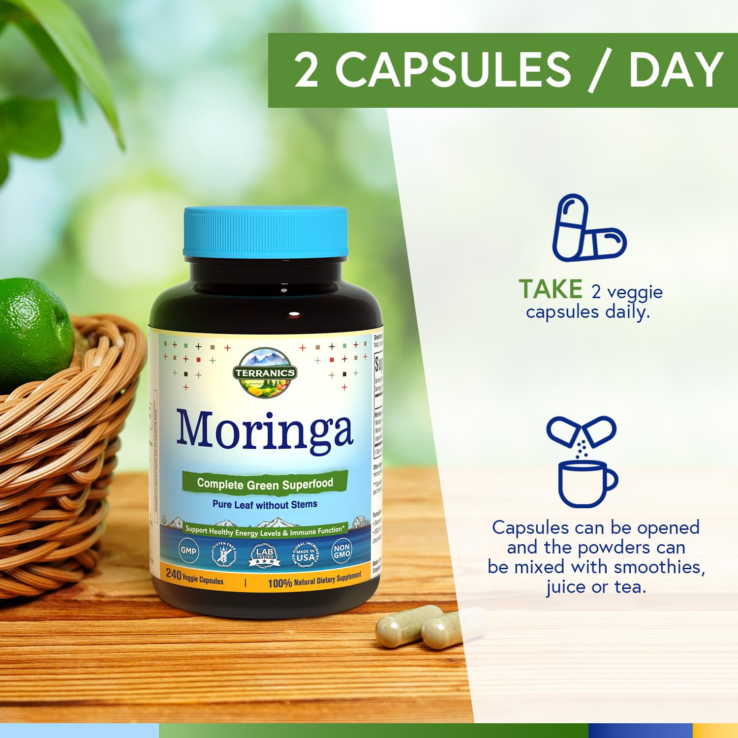 Terranics Moringa Supplement with a measuring spoon