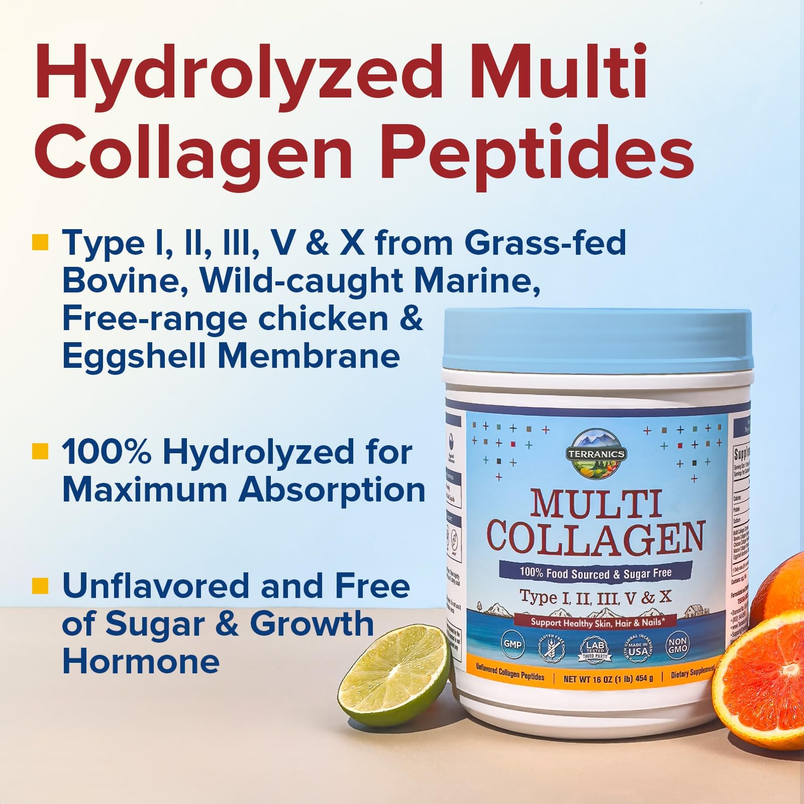 Terranics Multi Collagen Peptides Powder 454g scoop