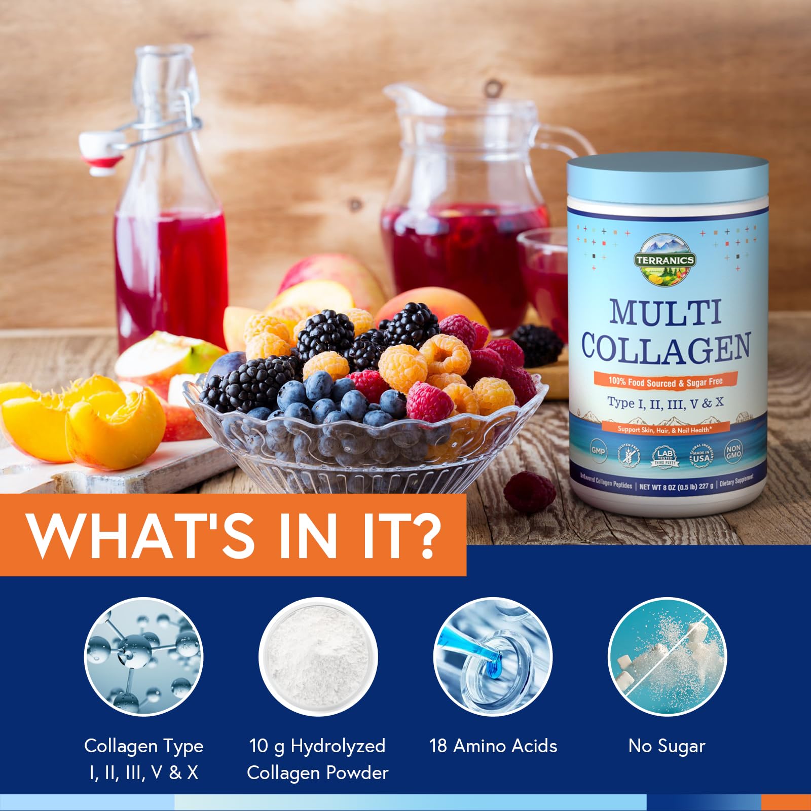 Terranics Multi Collagen Peptides Powder mixed in a smoothie