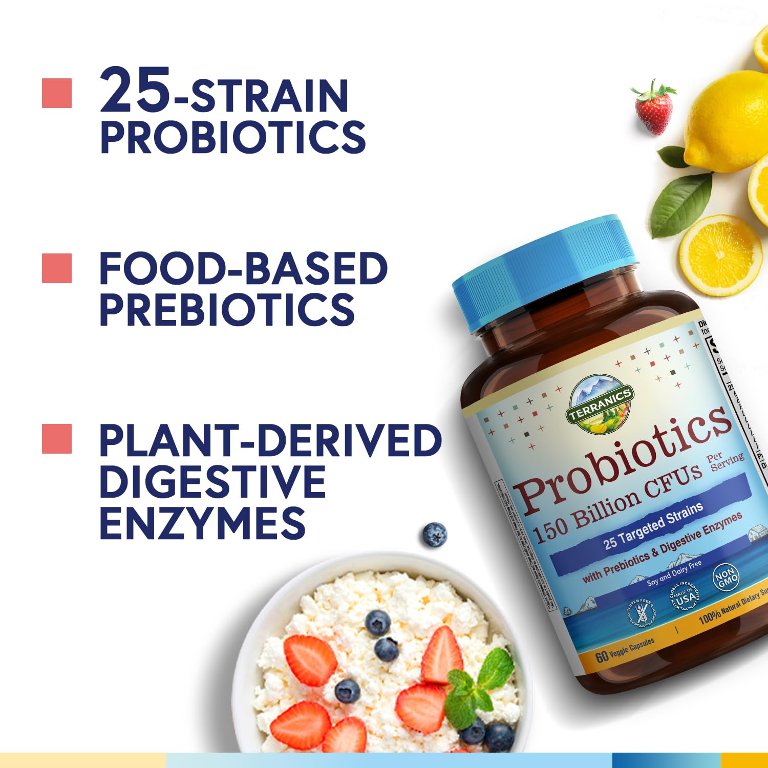 Terranics Probiotics 150 Billion CFU capsules with a measuring spoon