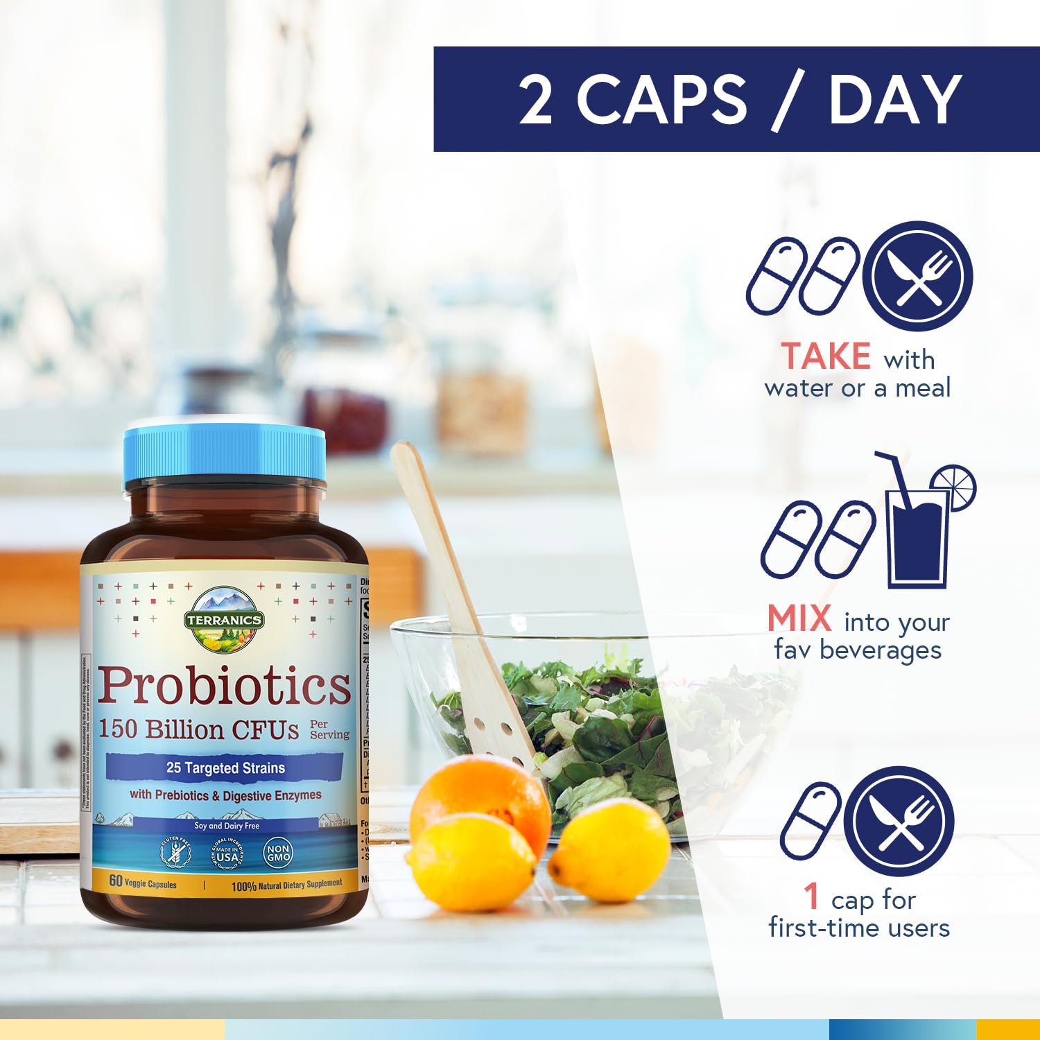 Terranics Probiotics 150 Billion CFU on a wooden table