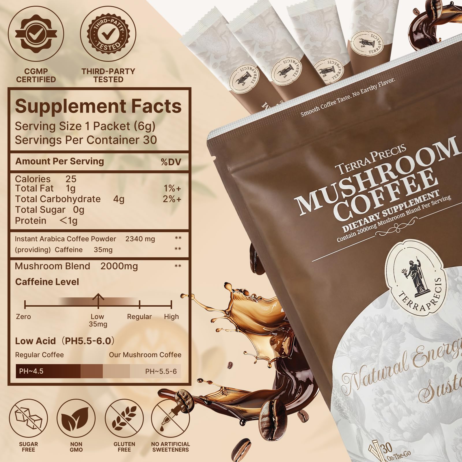 TerraPrecis Mushroom Coffee preparation with hot water
