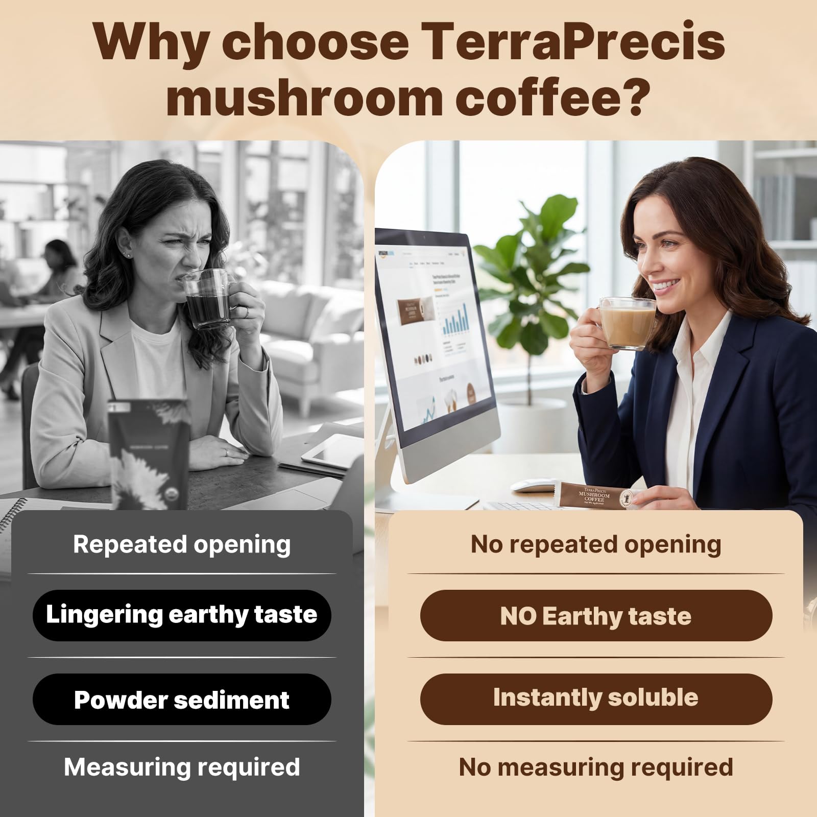 TerraPrecis Mushroom Coffee stick pack open with powder