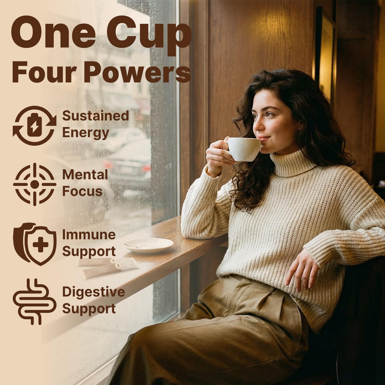 TerraPrecis Mushroom Coffee stick pack with coffee cup