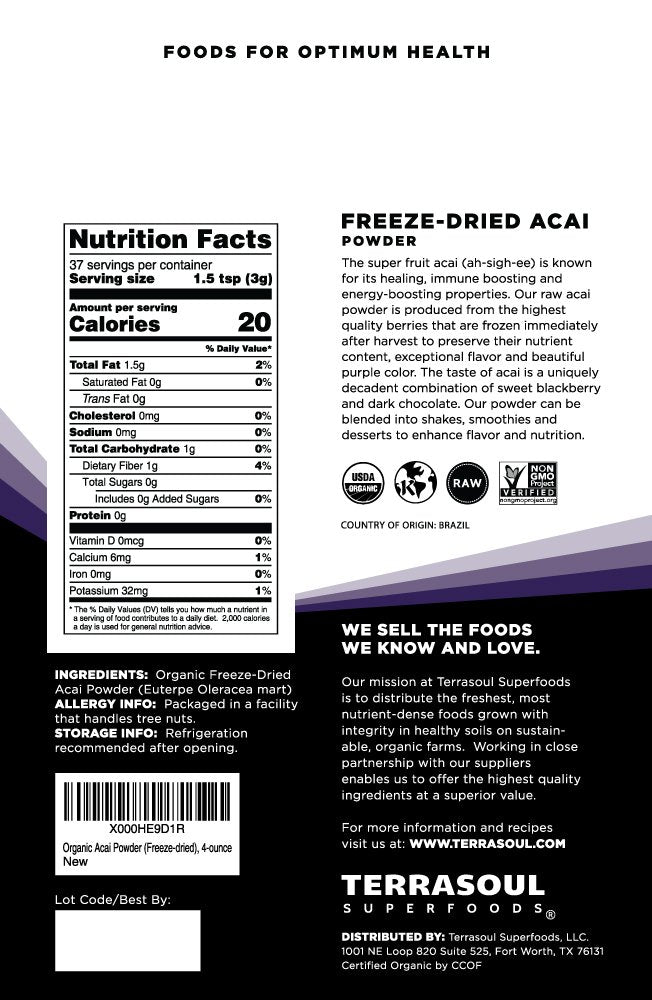 Terrasoul Superfoods Acai Berry Powder back view with nutritional information