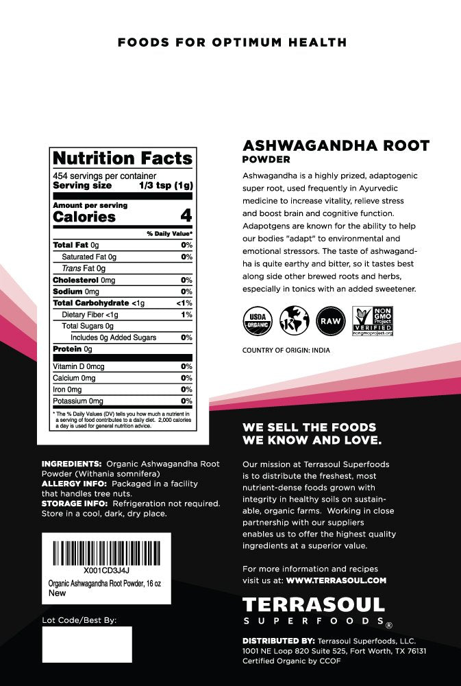 Terrasoul Superfoods Ashwagandha Supplement packaging side view