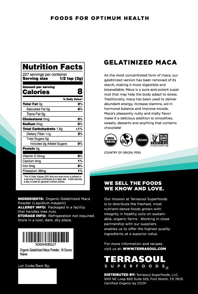 Terrasoul Superfoods Gelatinized Maca Powder 454g pouch back view