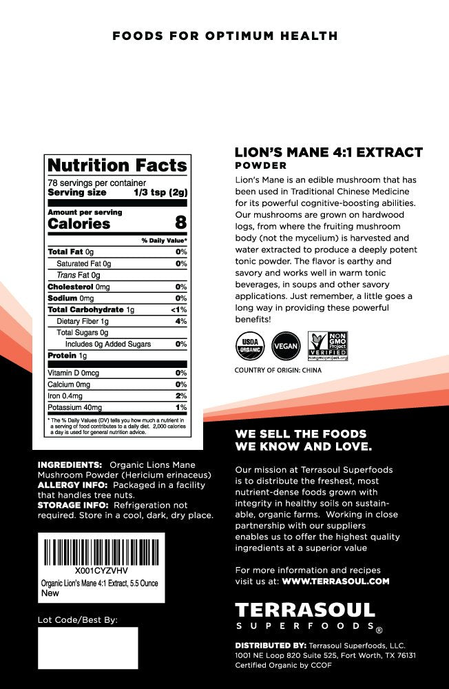 Terrasoul Superfoods Lion's Mane Mushroom Powder 4:1 extract close-up