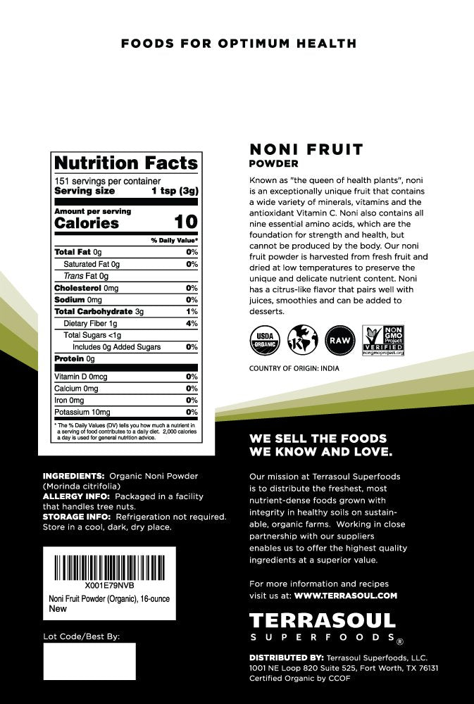 Terrasoul Superfoods Noni Fruit Powder 16-ounce pouch back view