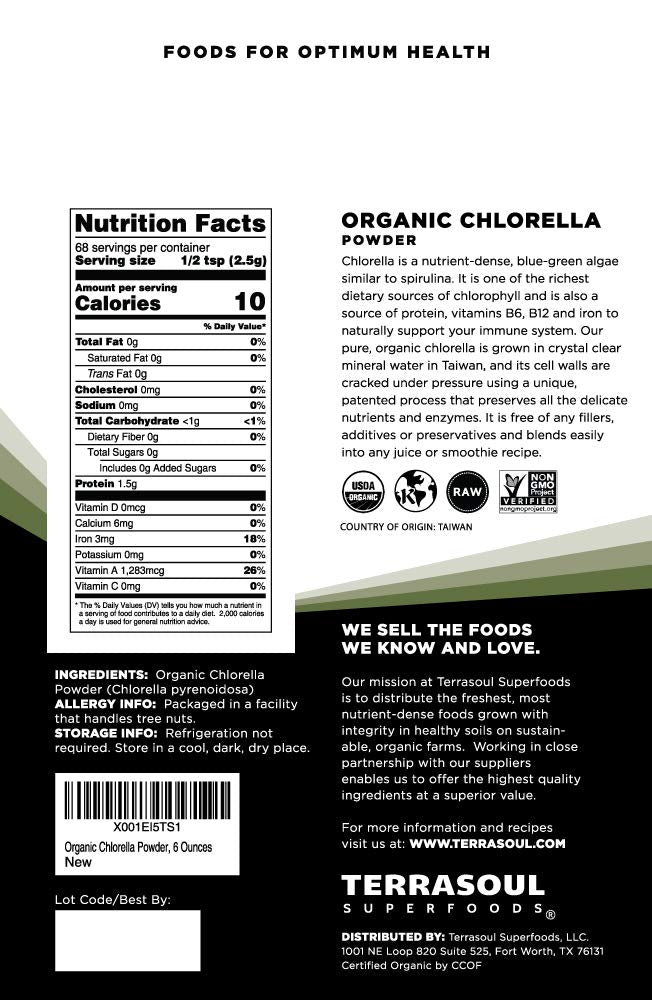 Terrasoul Superfoods Organic Chlorella Powder side view showing nutritional information
