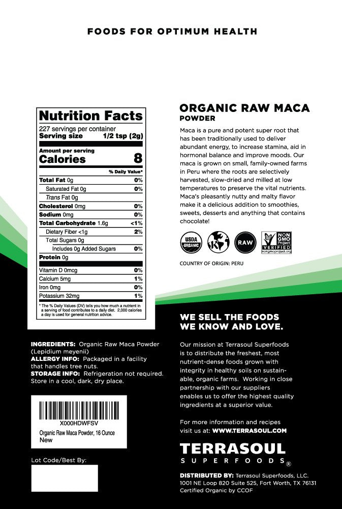 Terrasoul Superfoods Raw Maca Powder back view with ingredients