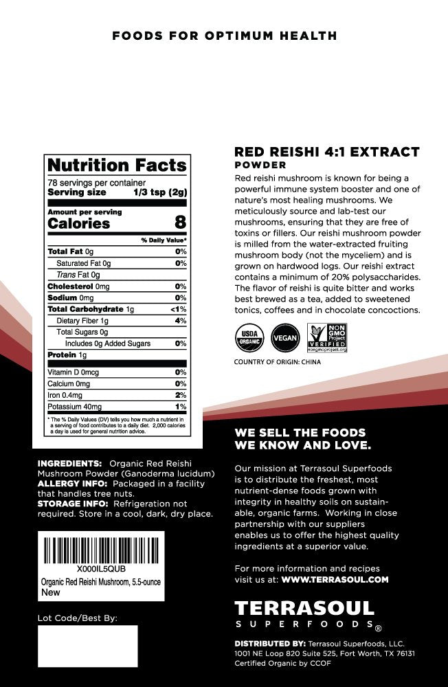 Terrasoul Superfoods Red Reishi Mushroom 4:1 Extract Powder back view with nutritional information