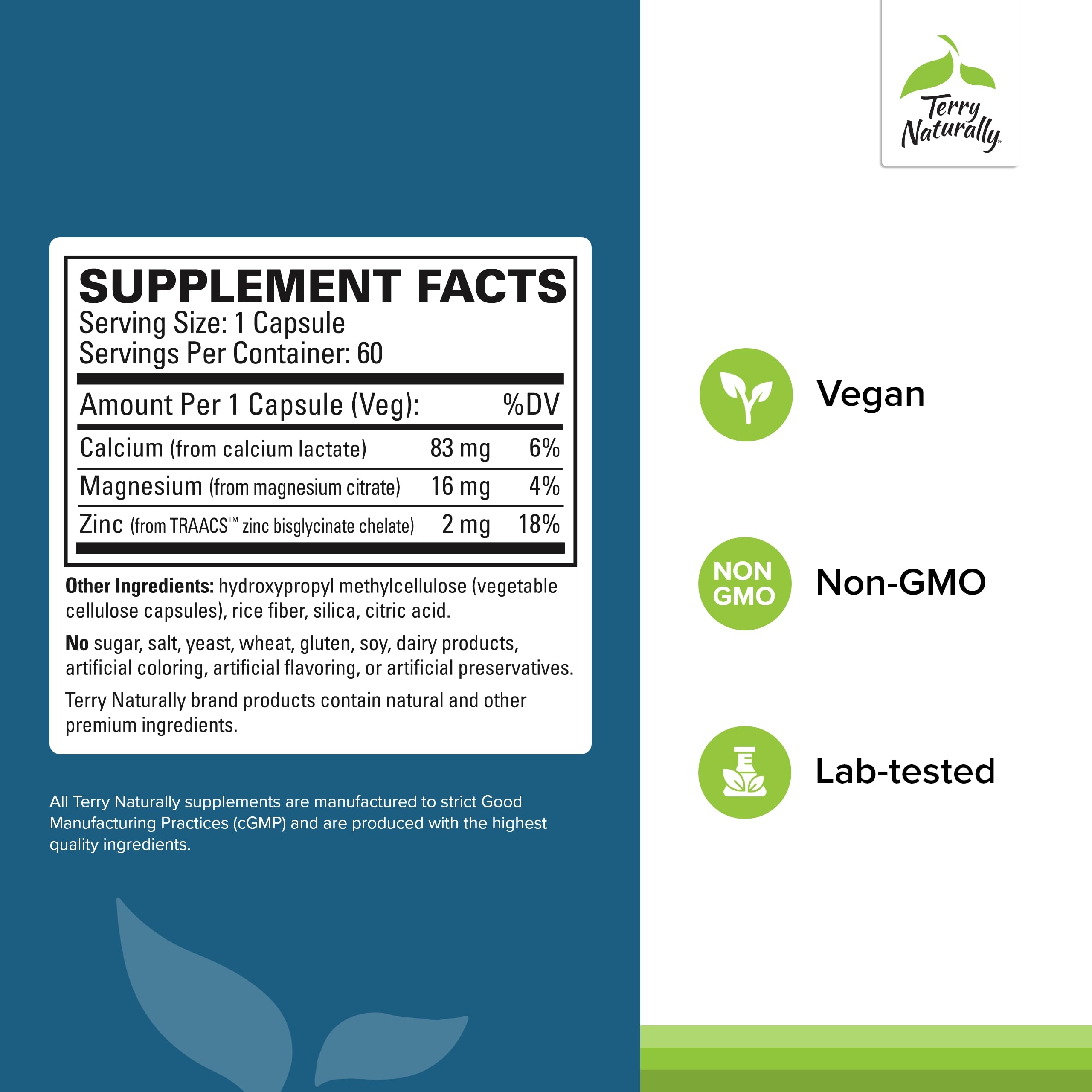 Terry Naturally Calcium Magnesium Zinc Supplement side view