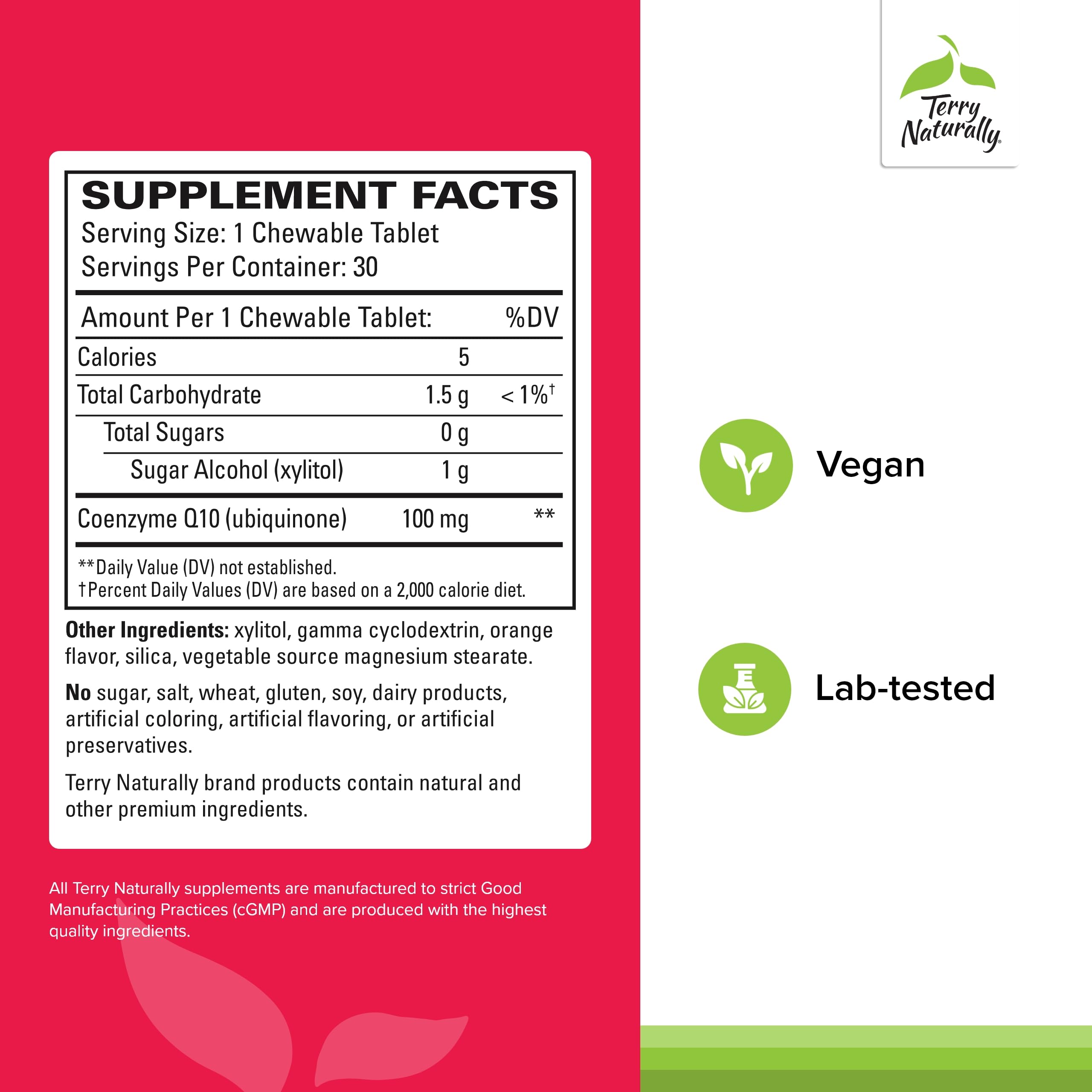 Terry Naturally CoQ10 Supplement 77g back view with ingredient list