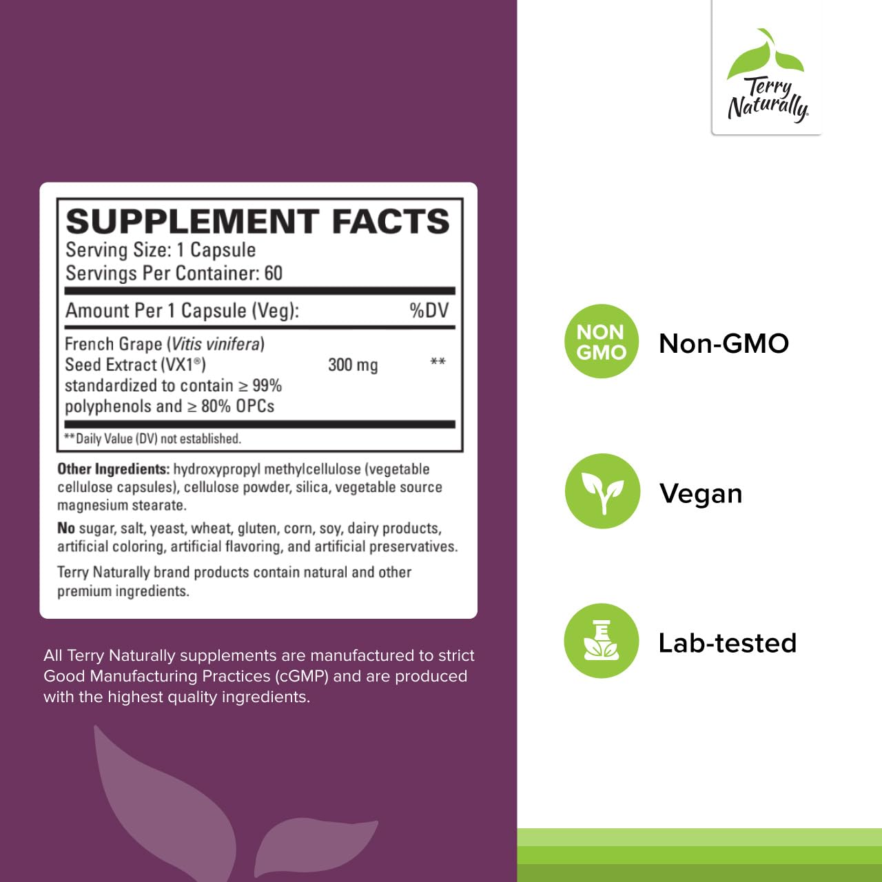 Terry Naturally Grape Seed Extract 300mg softgel bottle side view