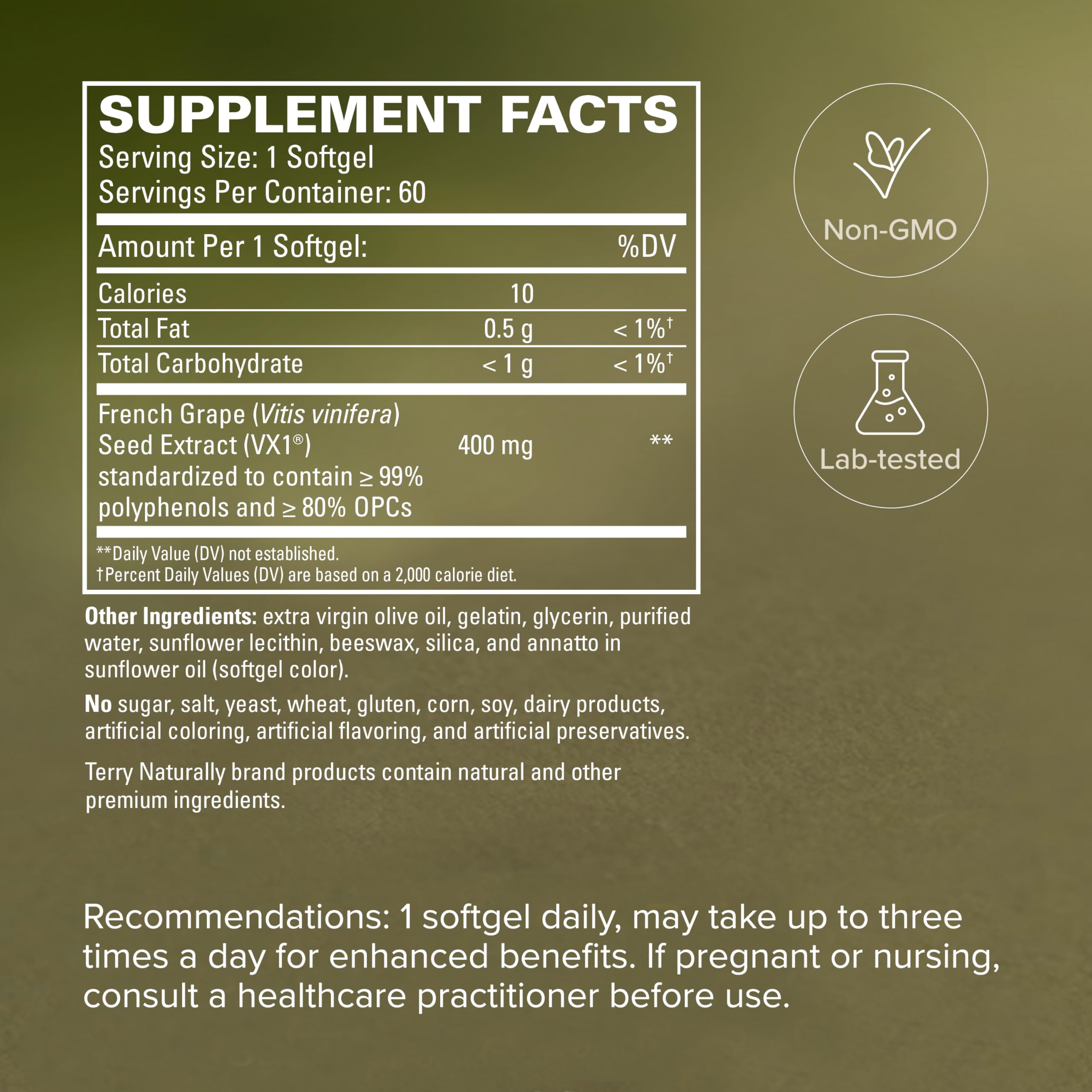 Terry Naturally Grape Seed Extract 68g softgel on a wooden table
